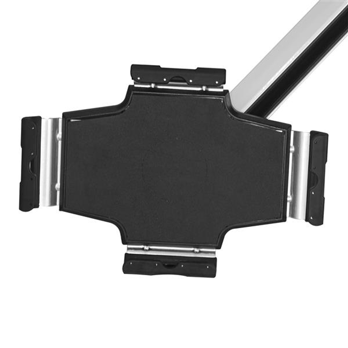 Schwarzer Tablethalter mit verstellbaren Armen und weißem Hintergrund.