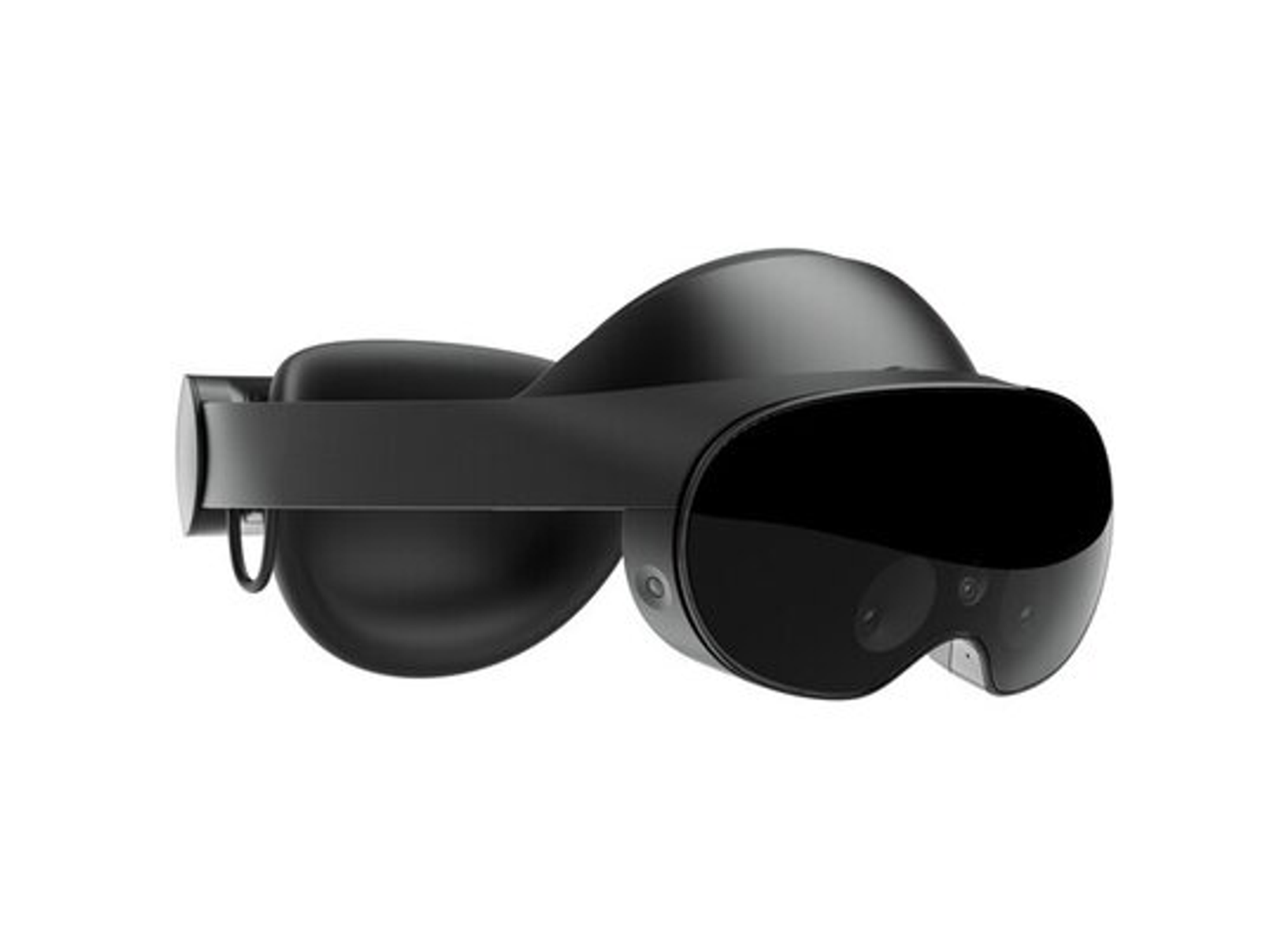 Schwarzes VR-Headset mit Doppellinsen. Weißer Hintergrund. Schlankes, modernes Design.