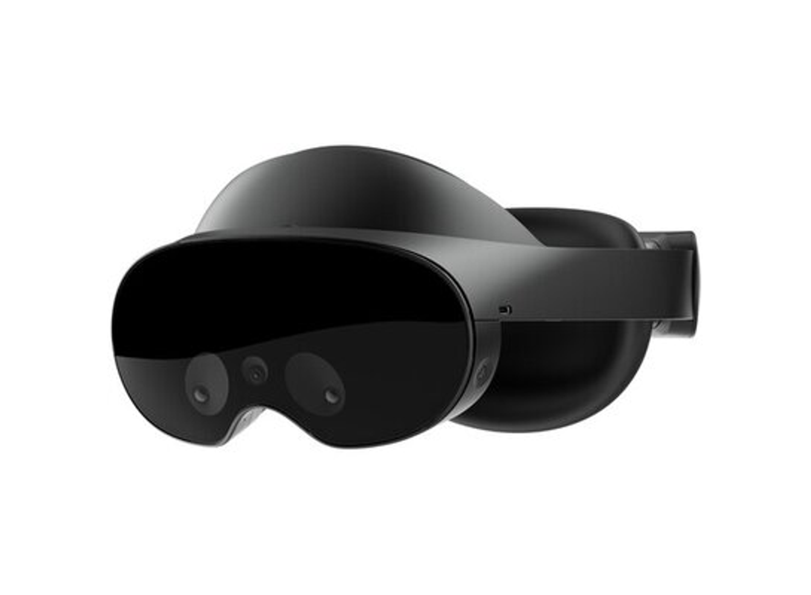 Schwarzes VR-Headset mit zwei Linsen und einem Kopfband. Es ist dunkel und schlank, von vorne gesehen.
