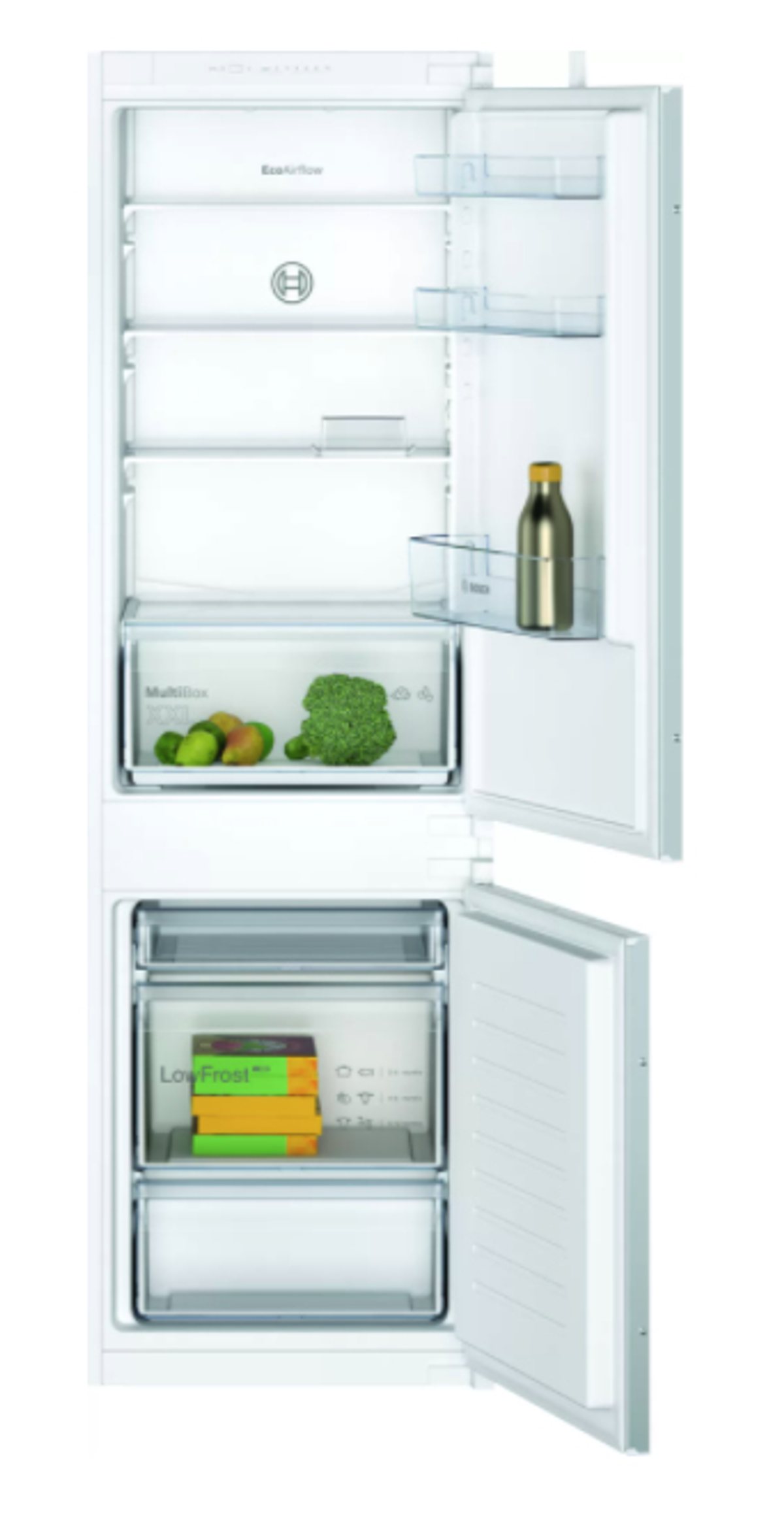 Frigorifero Bosch bianco con la porta aperta. All'interno, frutta, broccoli e bottiglie.