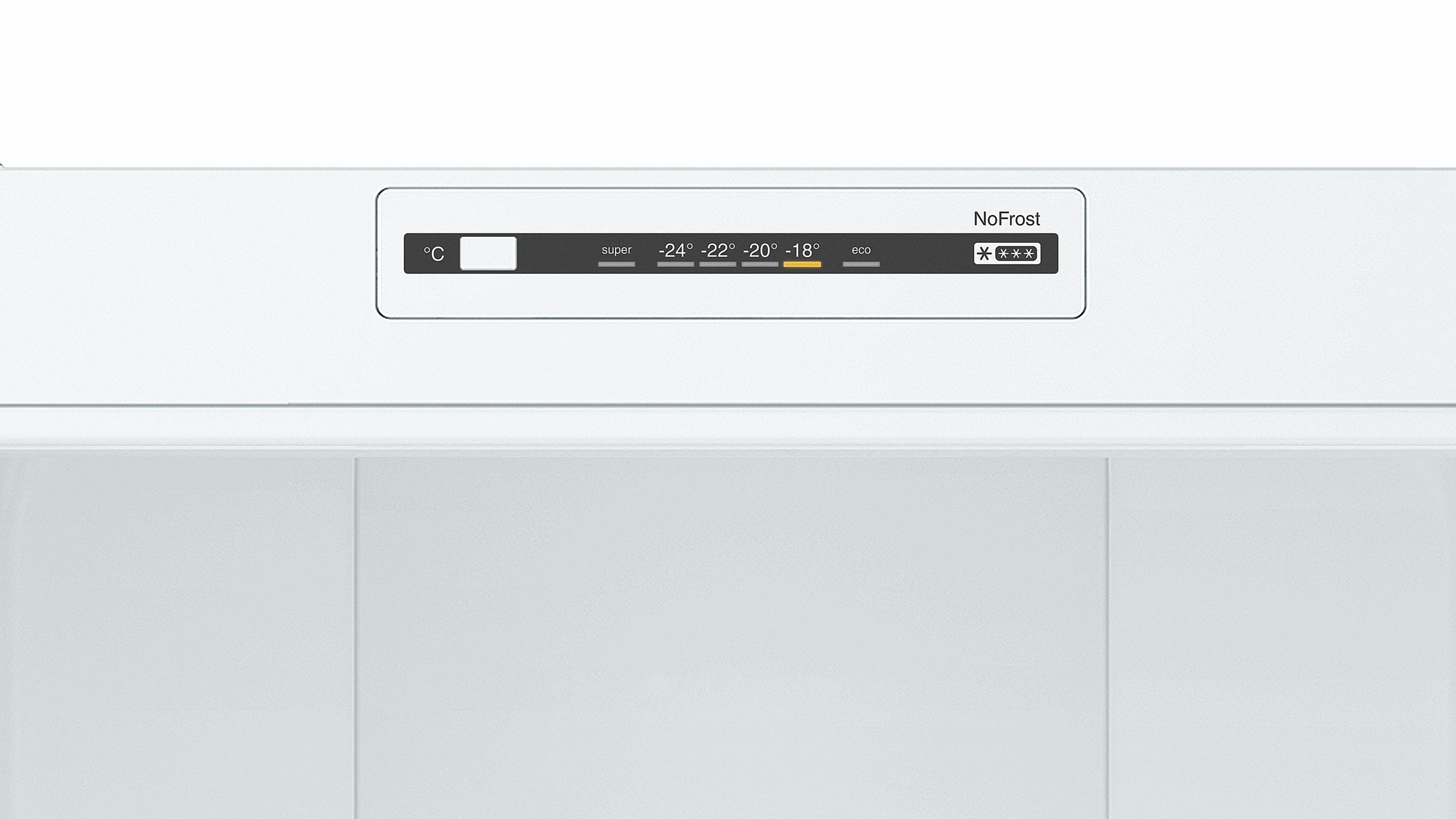 Panel de congelador blanco que muestra la configuración de temperatura. Fondo gris.
