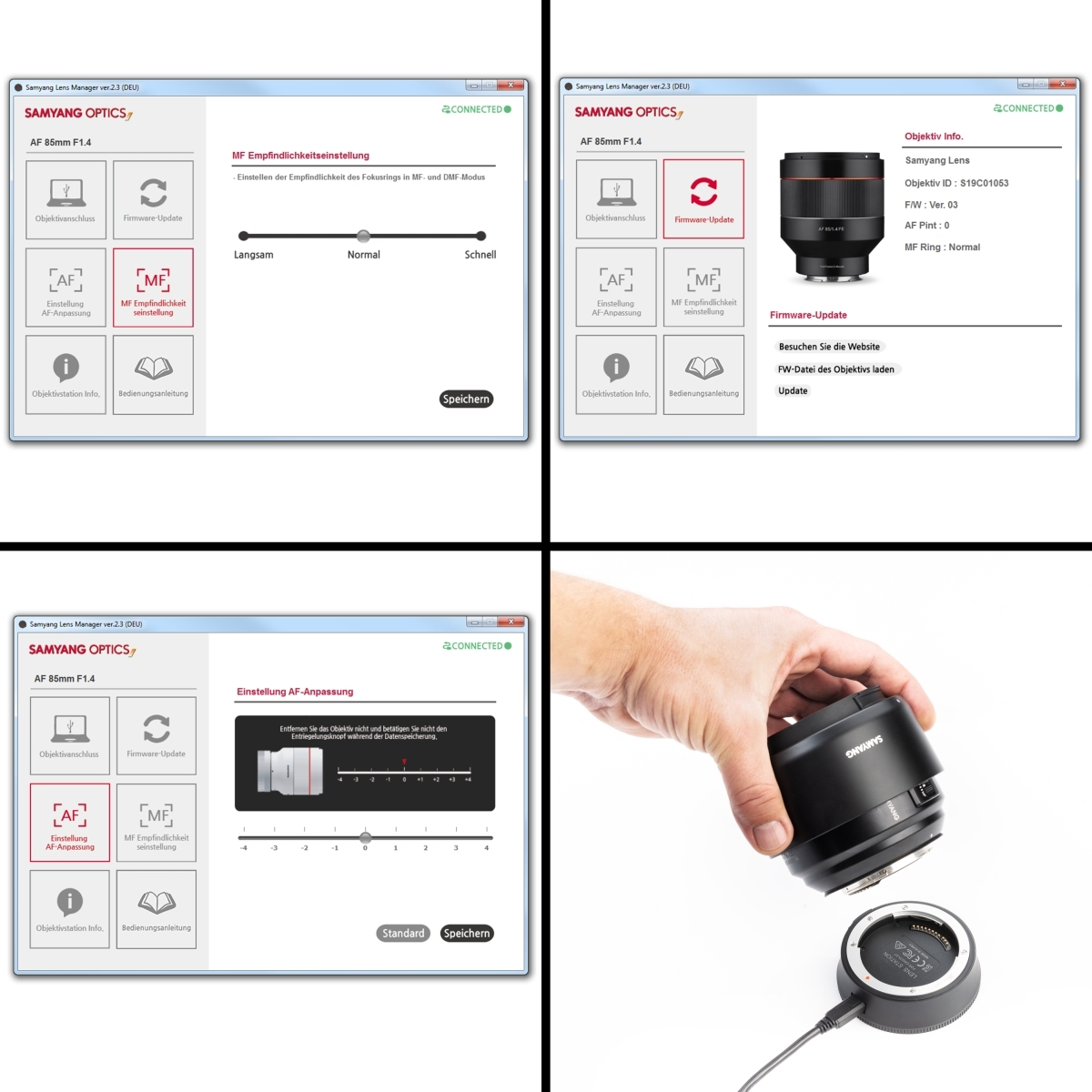 Vier Bilder eines Samyang-Objektivs und einer Softwareoberfläche. Das Objektiv ist schwarz. Die Oberfläche hat Optionen.