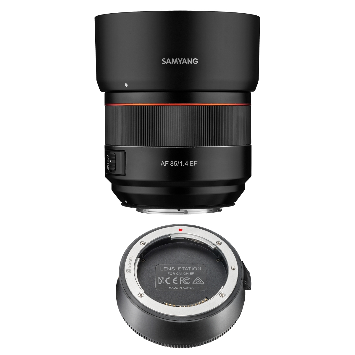 Samyang AF 85mm/1.4 EF Objektiv. Inklusive Sonnenblende und Lens Station für Canon. Schwarz mit roten Akzenten.