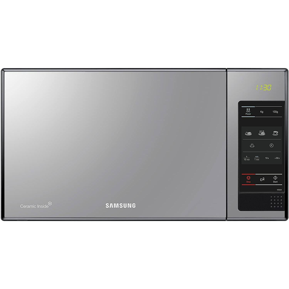Un forno a microonde Samsung argento. Ha un display digitale e un pannello di controllo sul lato destro.