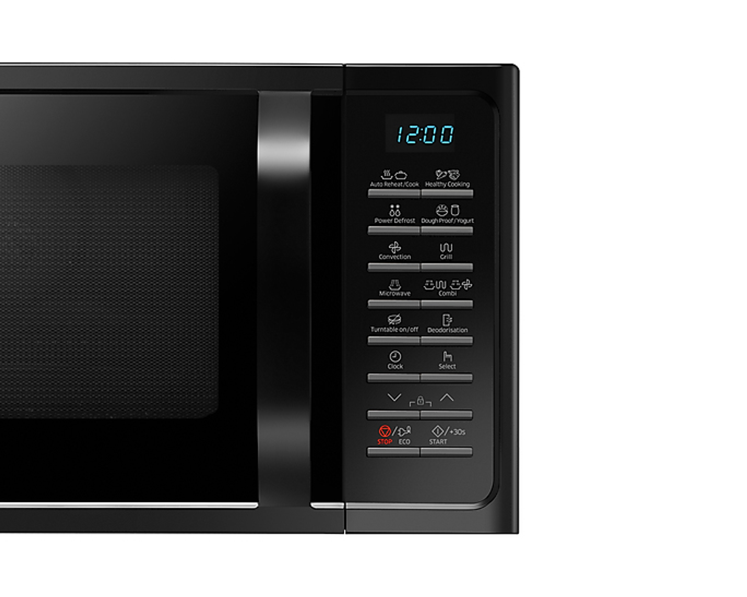 Czarny panel sterowania kuchenki mikrofalowej. Wyświetla czas i przyciski funkcji gotowania.