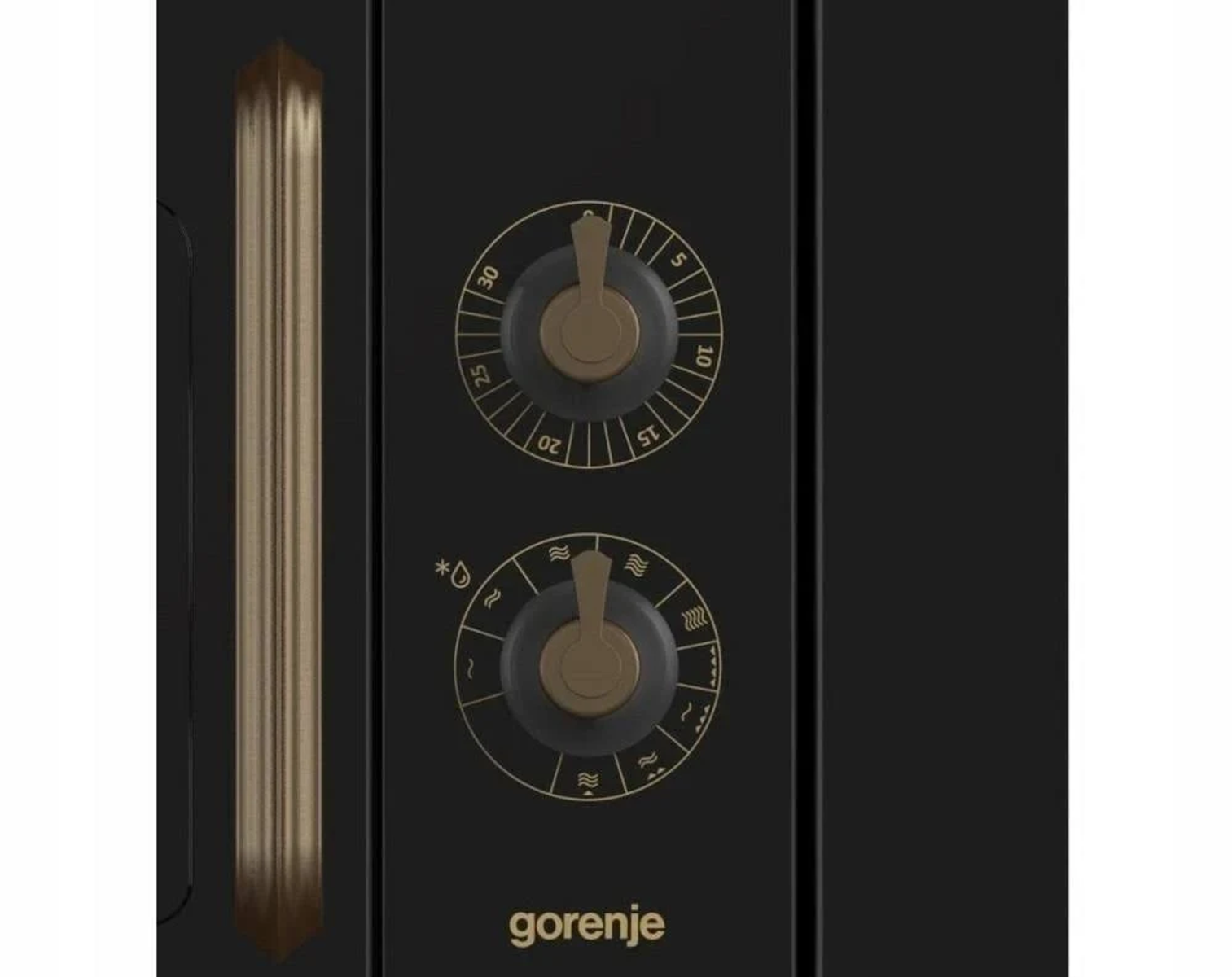 Czarny front kuchenki mikrofalowej ze złotymi pokrętłami i uchwytem drzwi. Słowo 'gorenje' na dole.