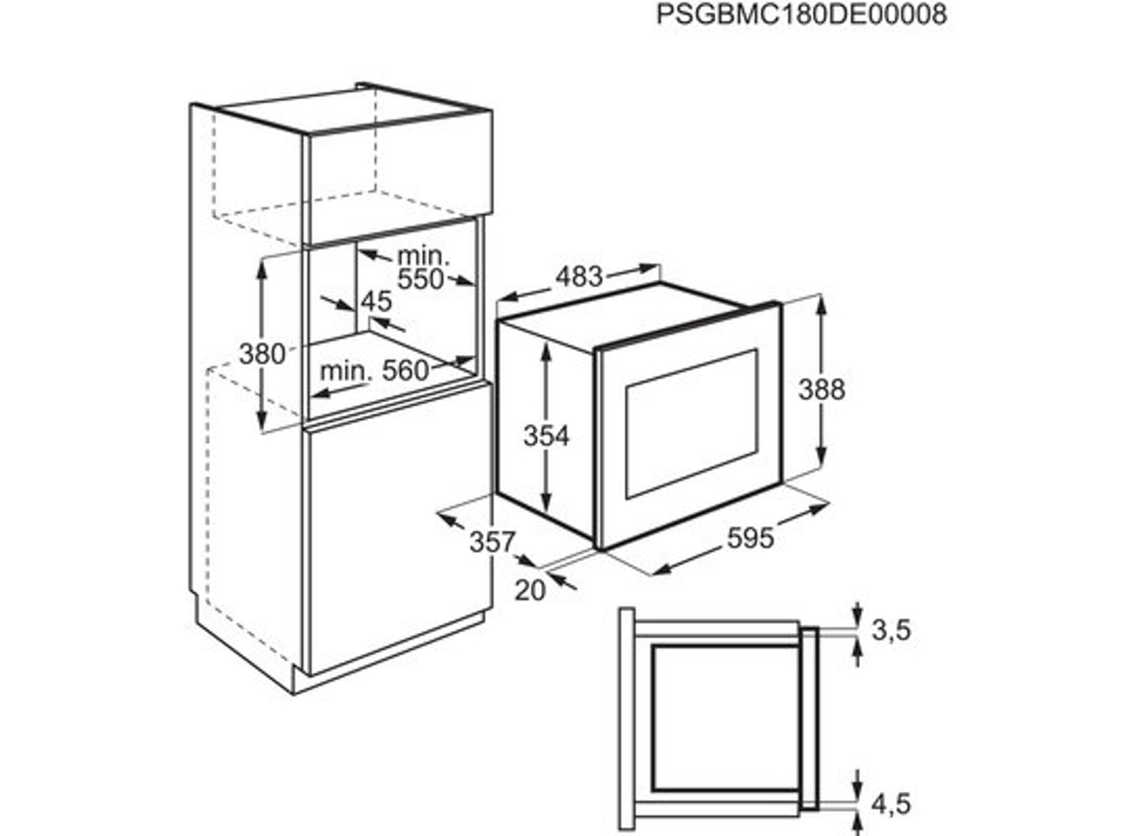 Technische tekening van een inbouwoven. Afmetingen en labels. Witte achtergrond.