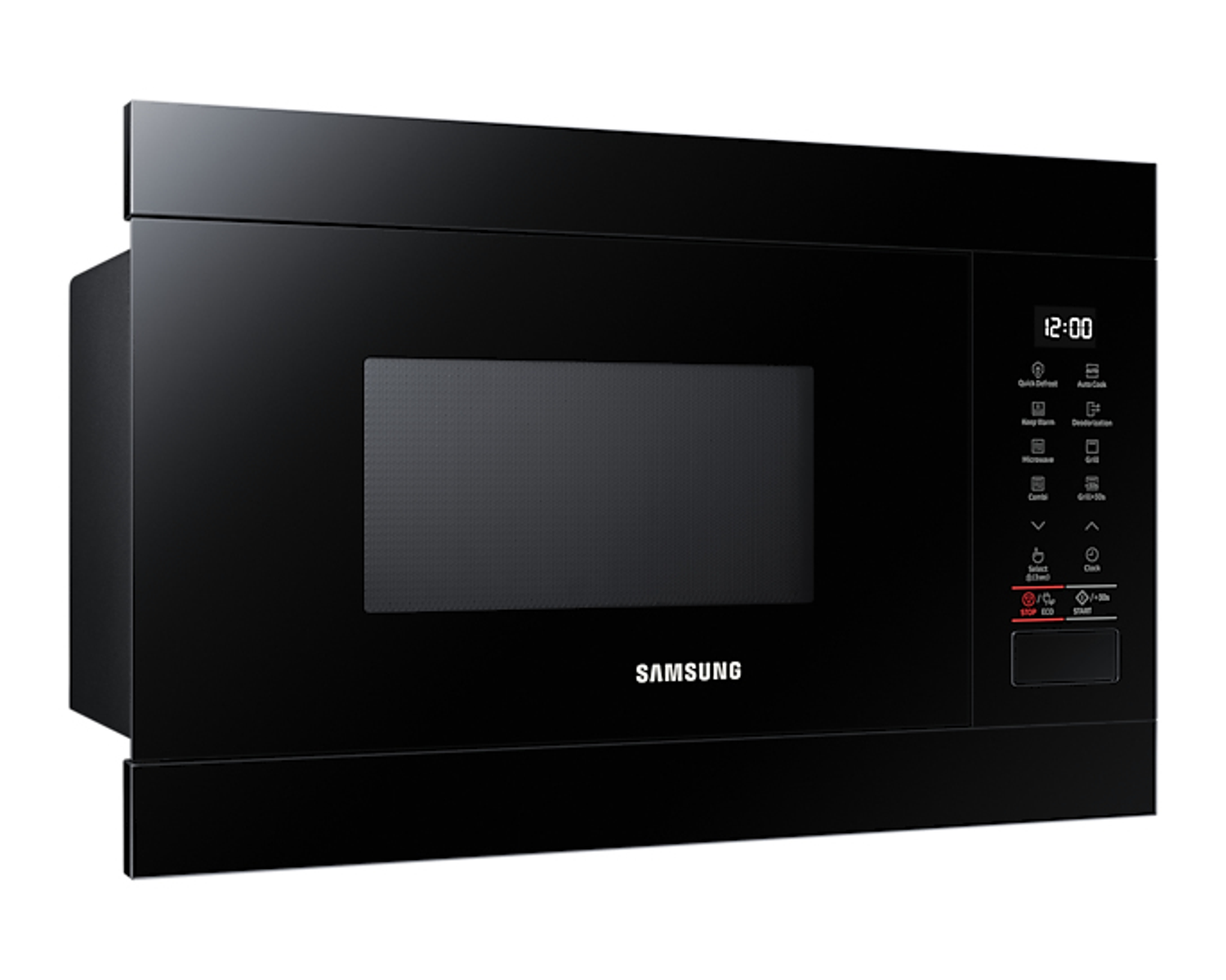Zwarte magnetron met een bedieningspaneel, display en het Samsung-logo, op een witte achtergrond.