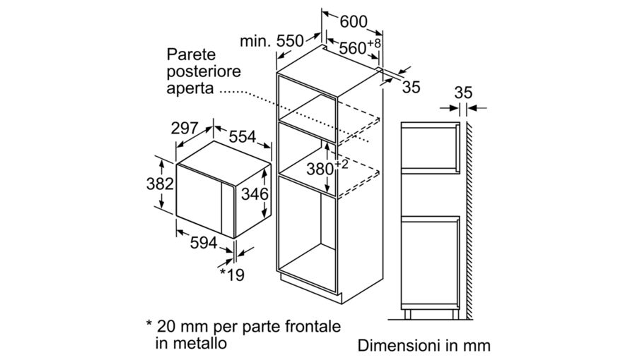 Diagramme d'un four micro-ondes et d'un four encastrés. Dimensions en mm. Texte italien présent.