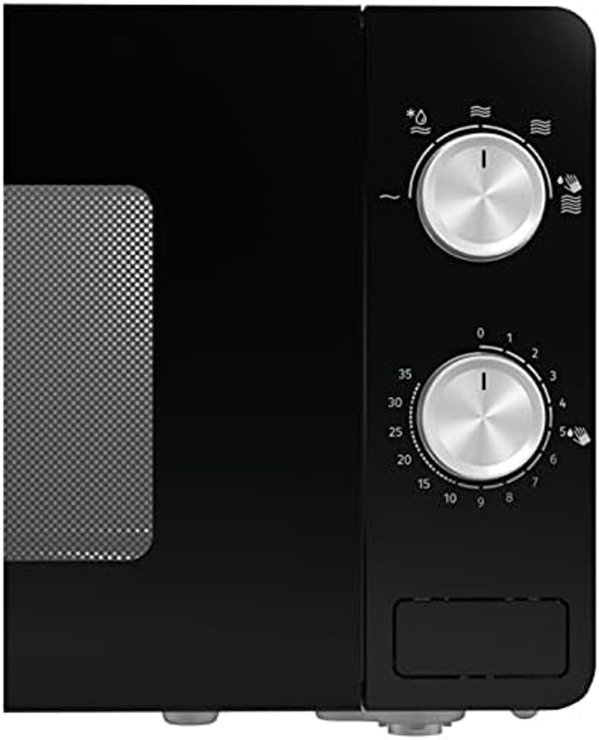 La parte anteriore di un forno a microonde nero con manopole di controllo e una porta.