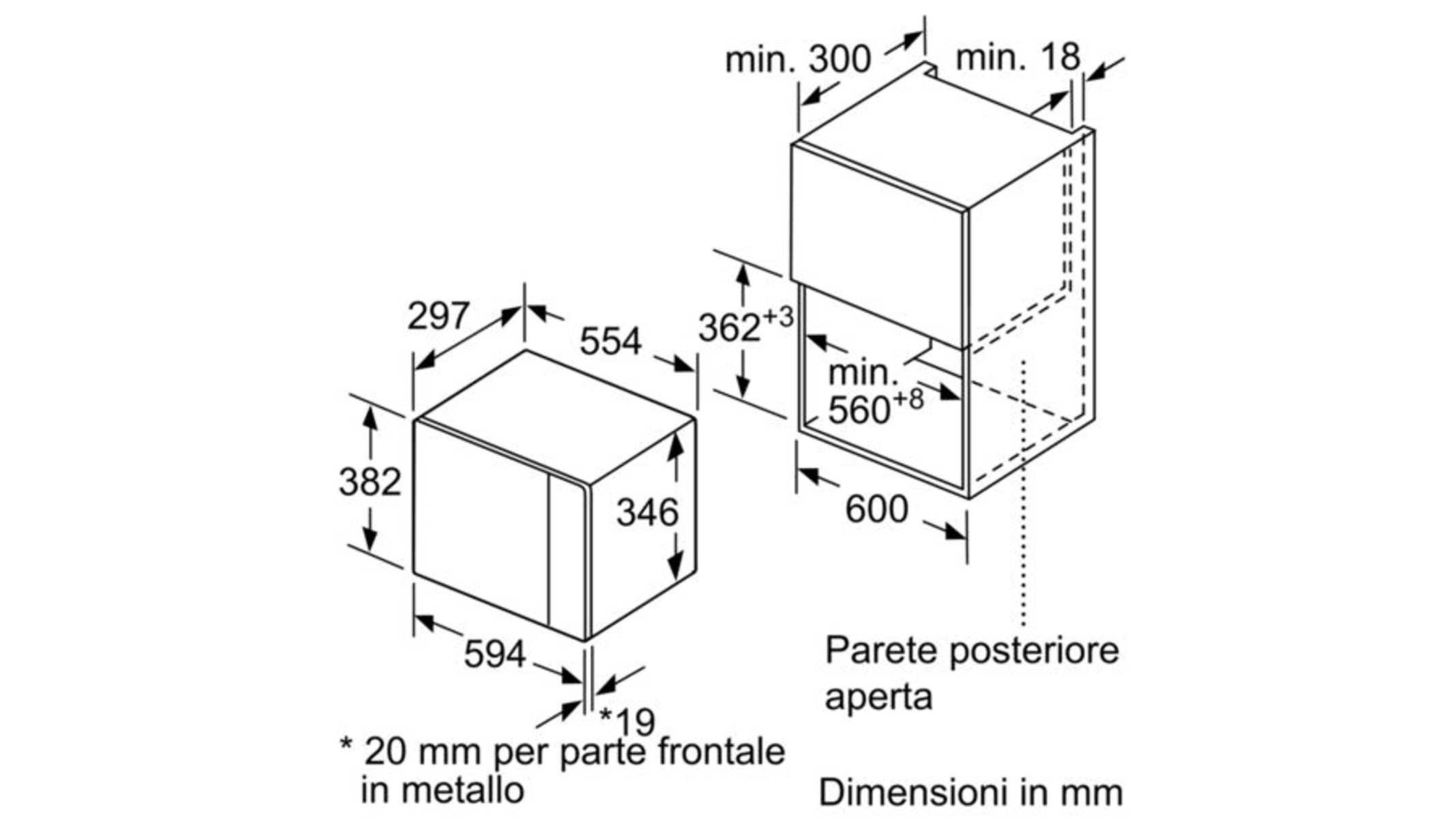 Dessin technique avec dimensions d'un four à micro-ondes encastré.