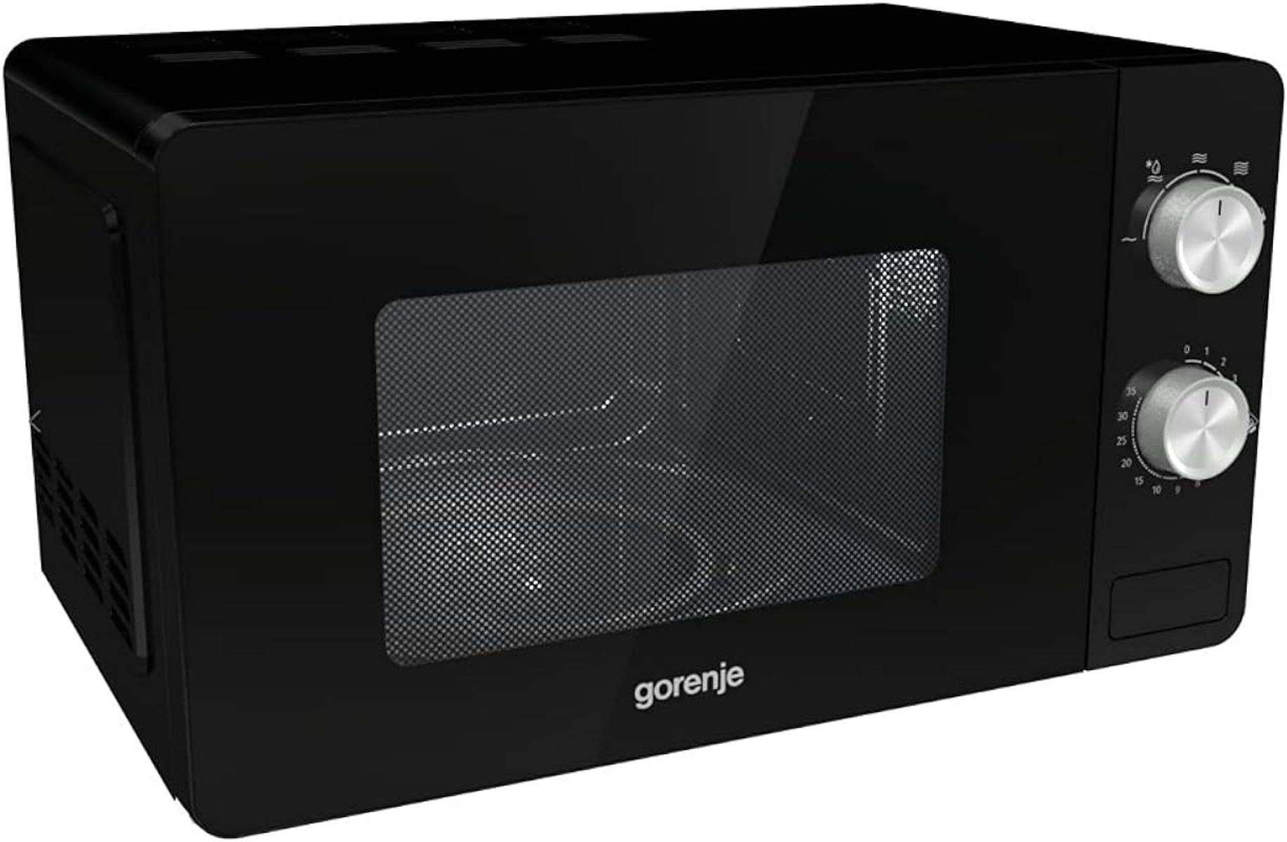 Forno a microonde nero con manopole, porta a vetro e marchio 'gorenje'.