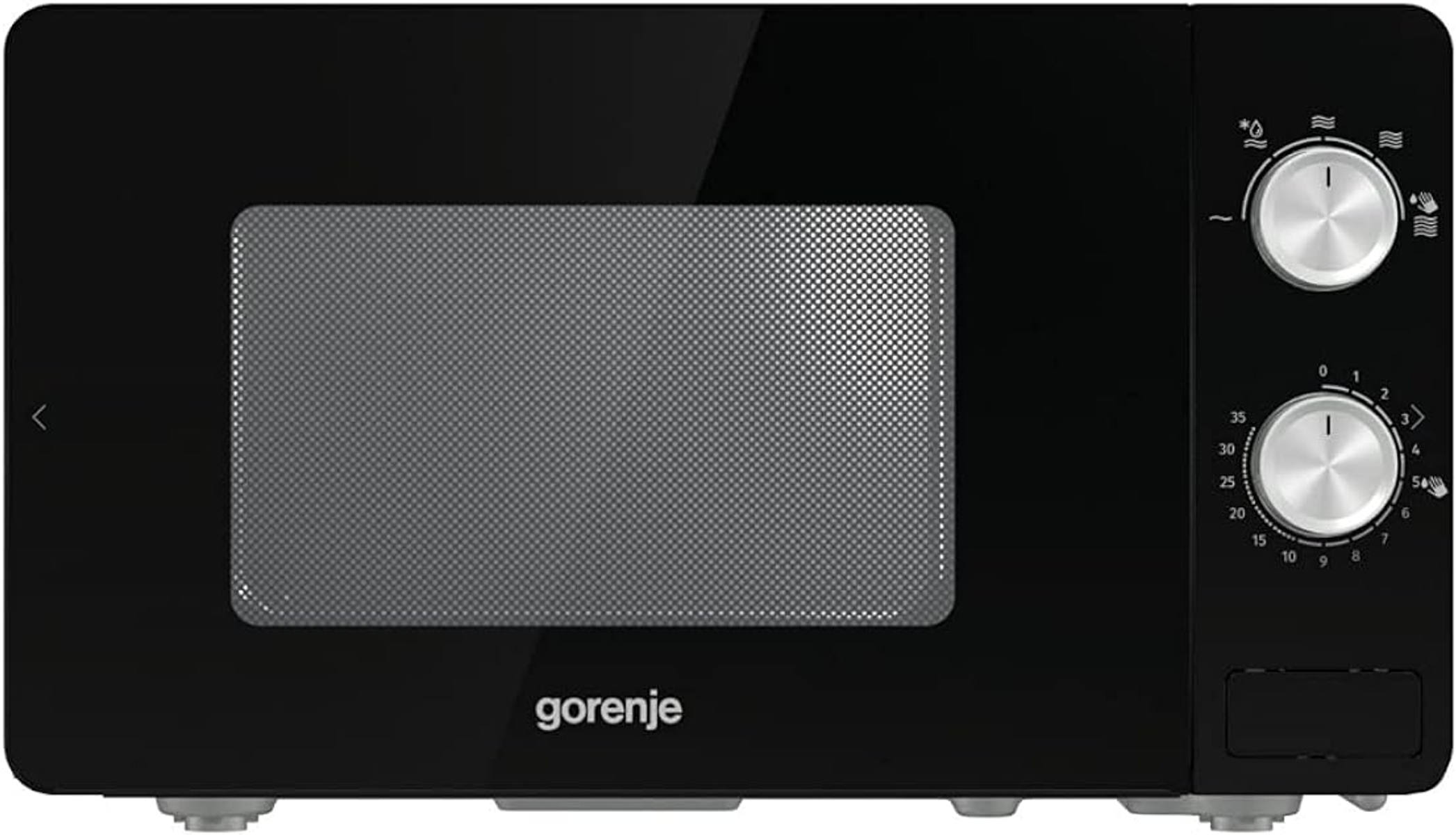 Un forno a microonde nero con porta in vetro e manopole di controllo sul lato destro. Il marchio "gorenje" è visibile.