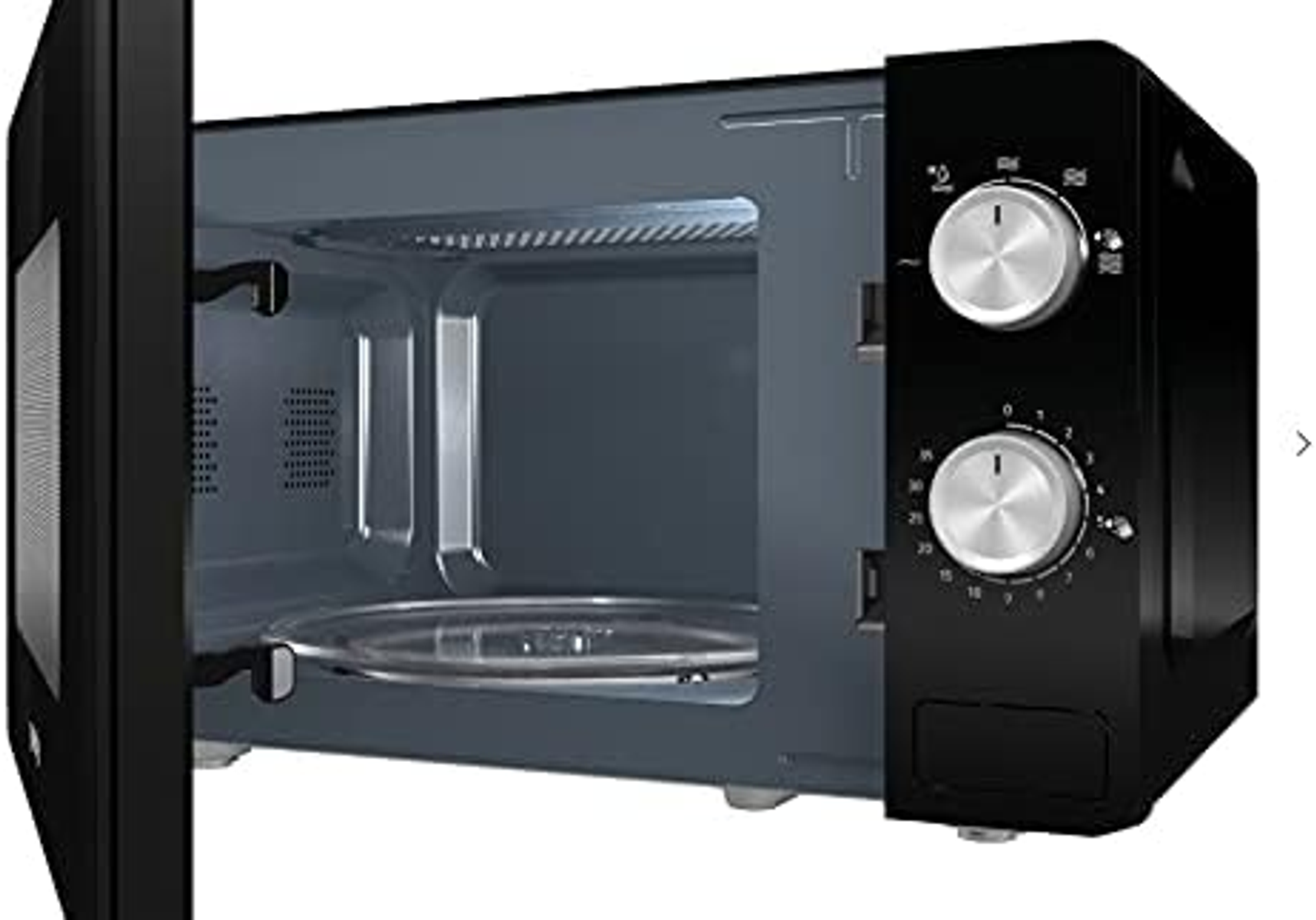 Forno a microonde nero con la porta aperta, che mostra l'interno.