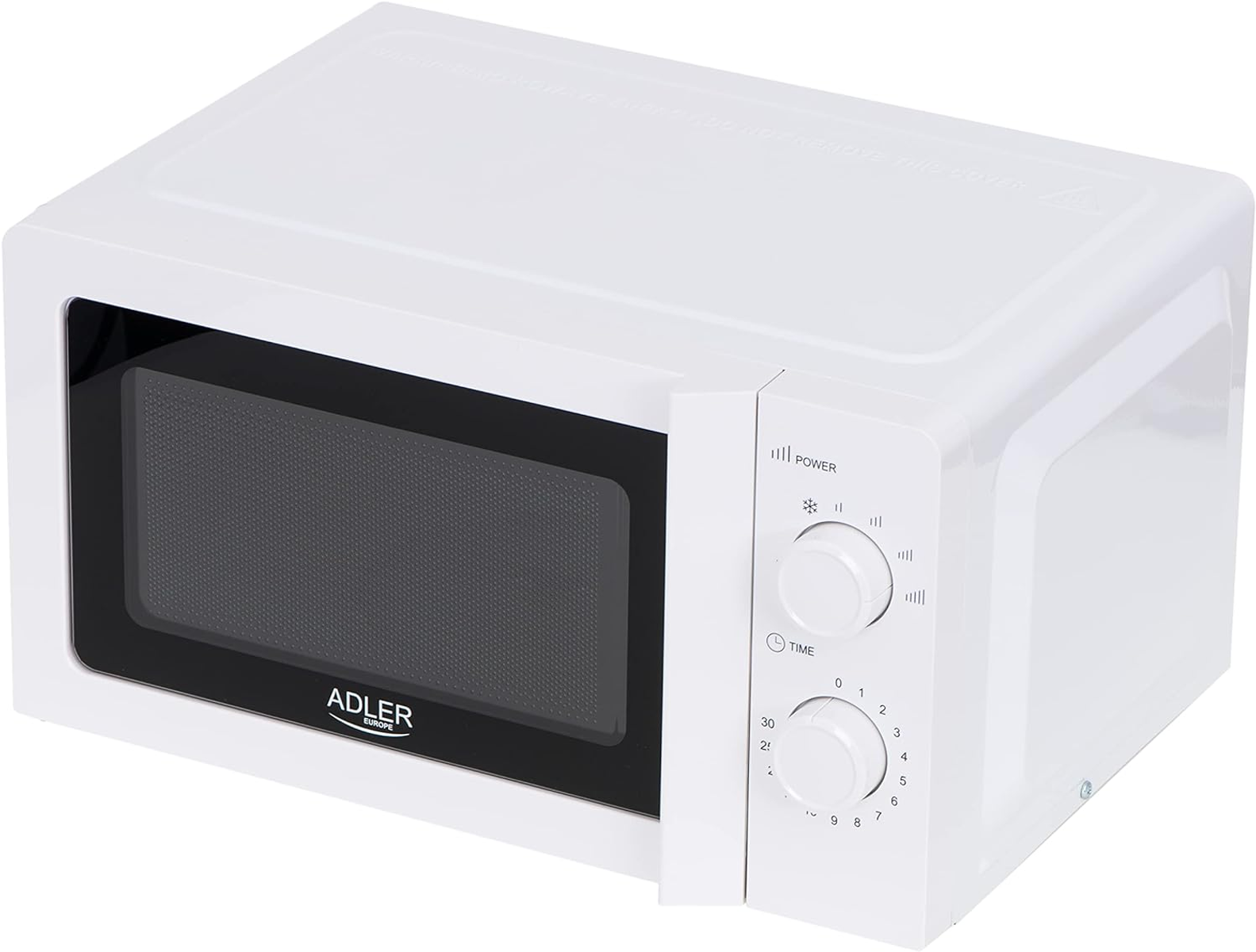Horno microondas blanco con panel de control a la derecha y puerta negra sobre fondo blanco.