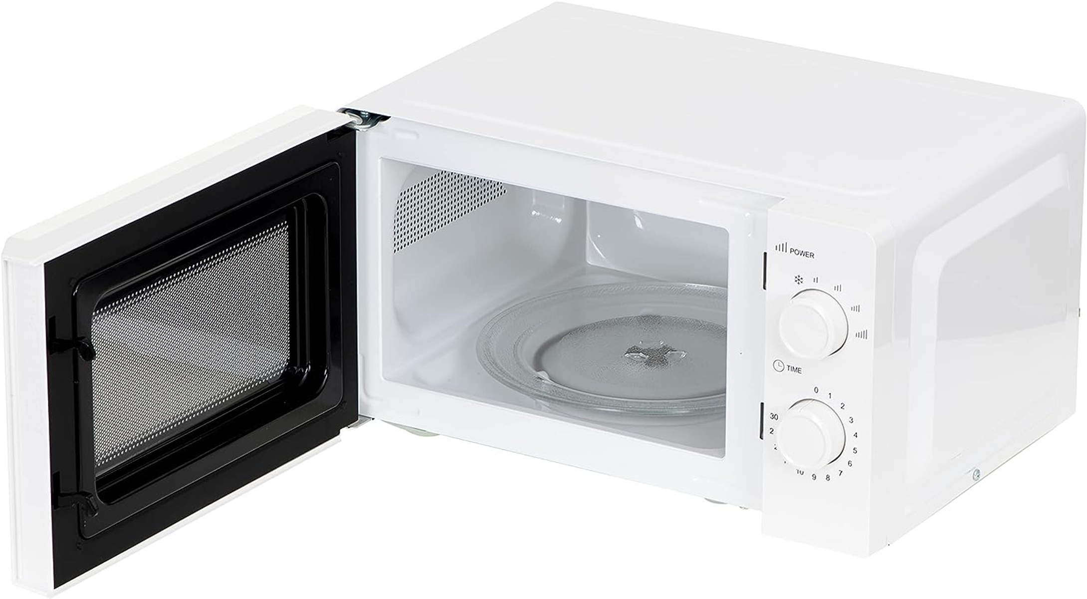 Un microondas blanco con la puerta abierta, mostrando el interior y el panel de control a la derecha.