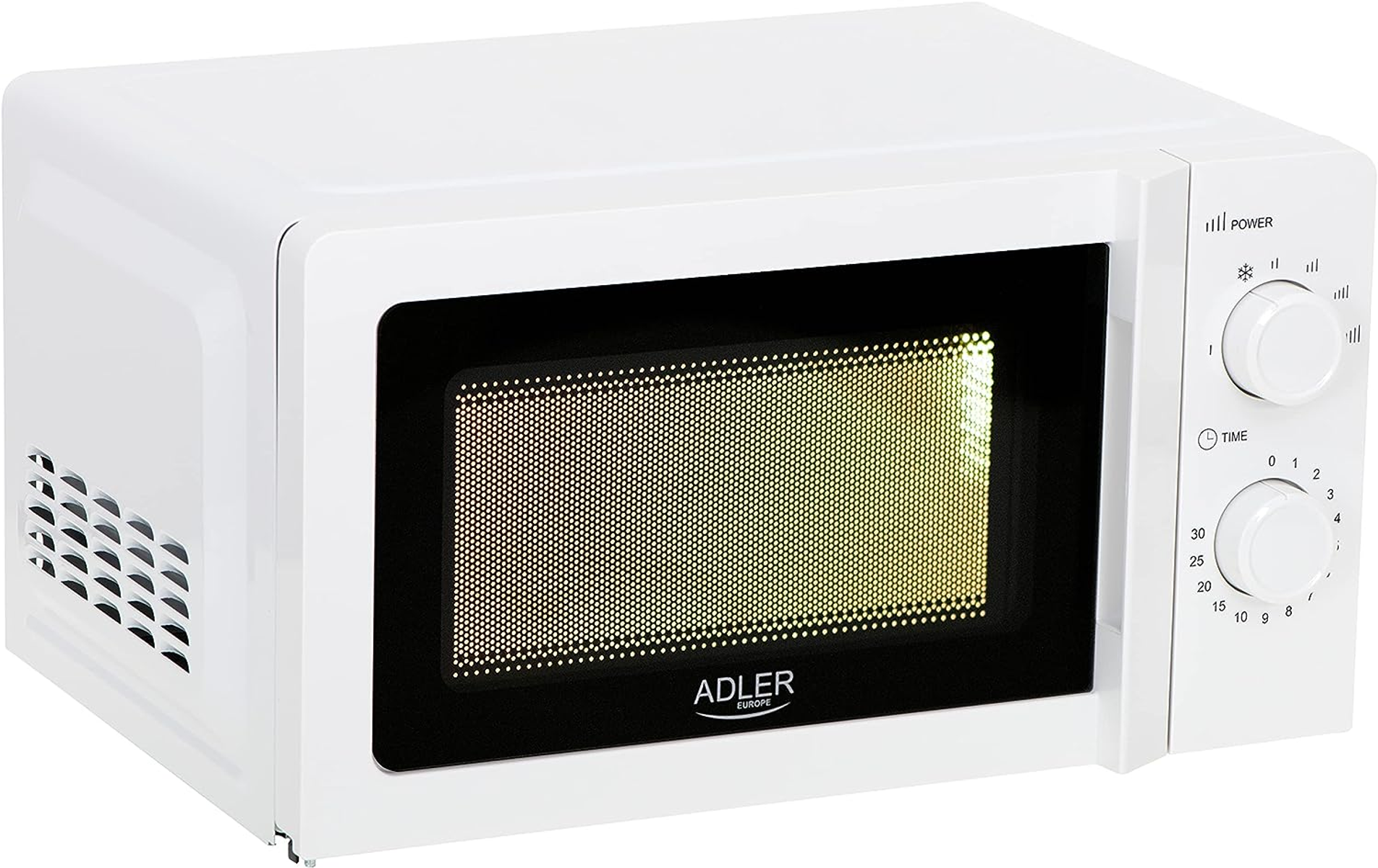 Horno microondas blanco con panel de control. La puerta está cerrada y el interior iluminado.