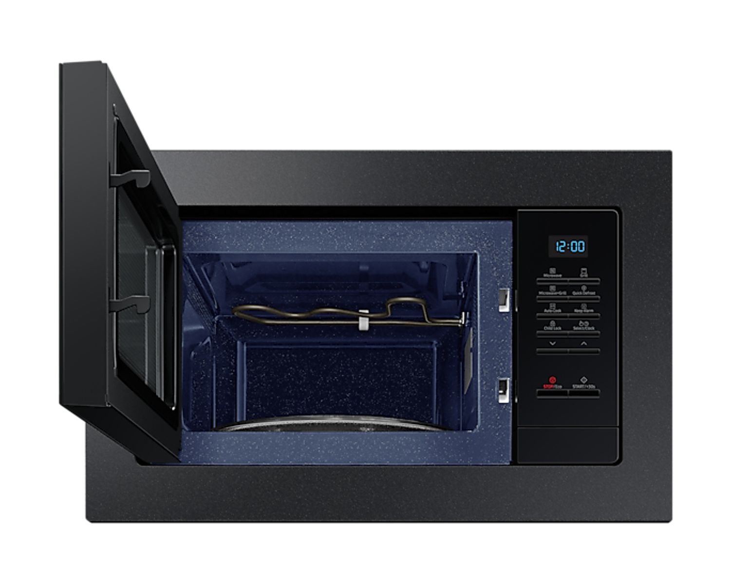 Otwarta czarna kuchenka mikrofalowa, ciemnoniebieskie wnętrze, panel sterowania po prawej.