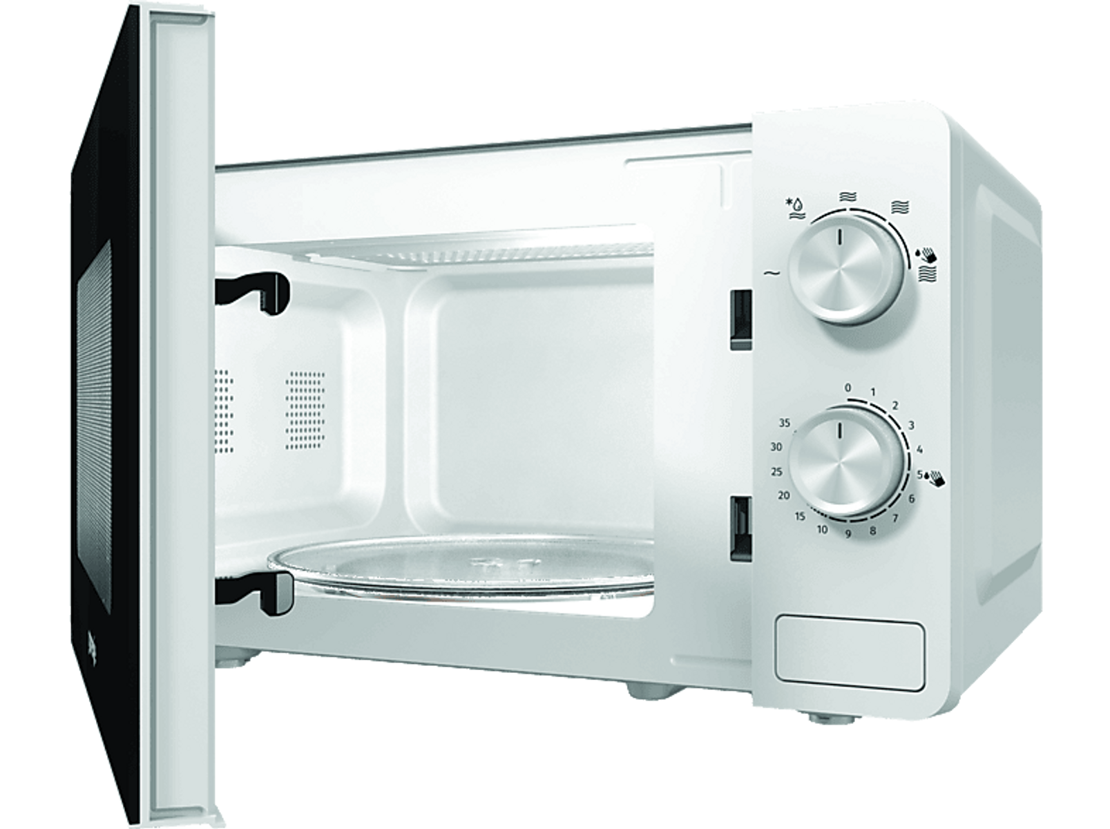Microonde bianco con porta aperta. Piatto di vetro interno e manopole di controllo visibili.