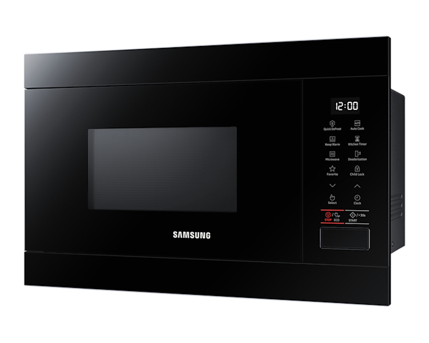 Forno a microonde Samsung nero con pannello di controllo e display digitale a destra.