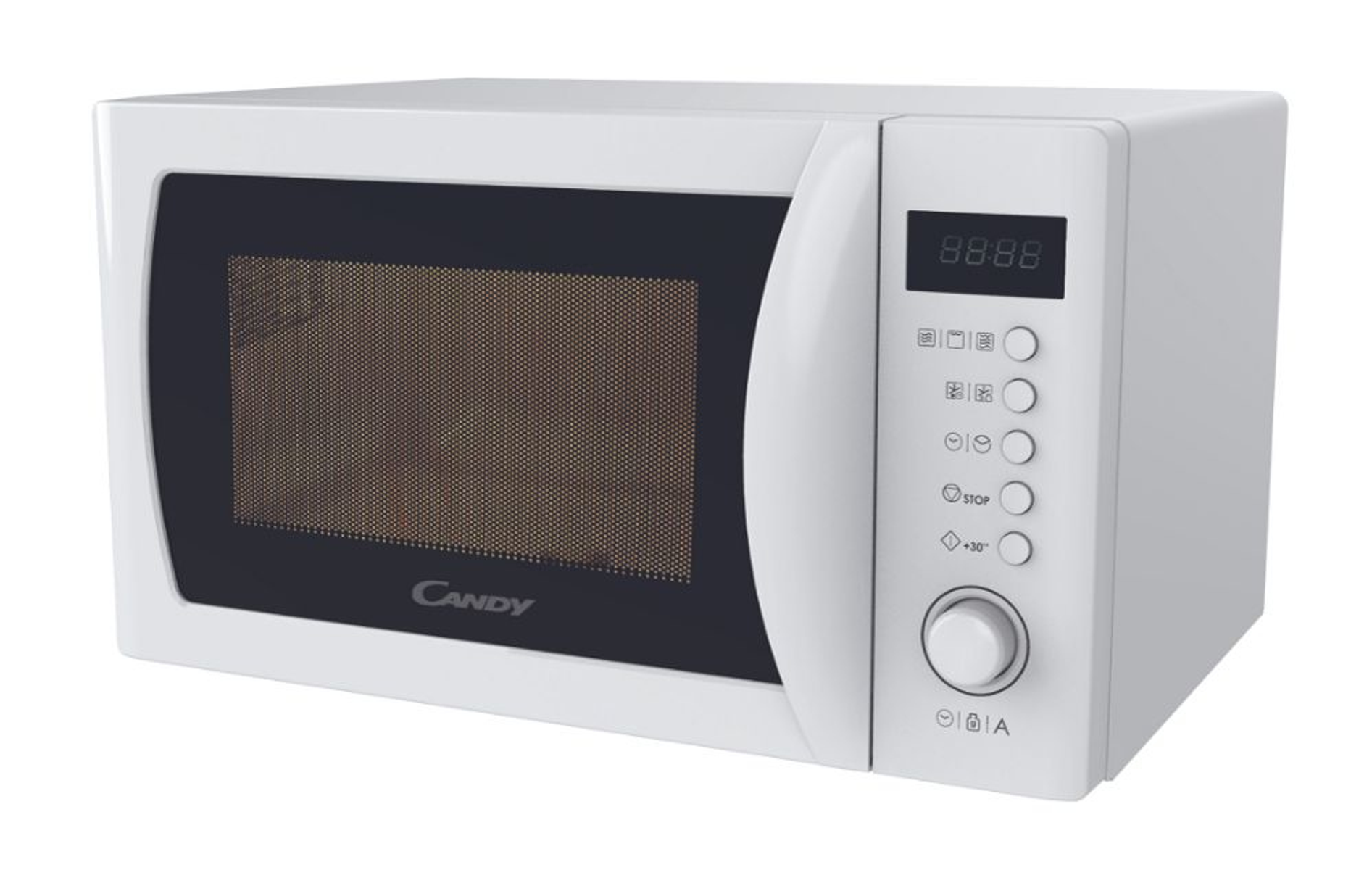Un forno a microonde bianco con pannello di controllo e porta.
