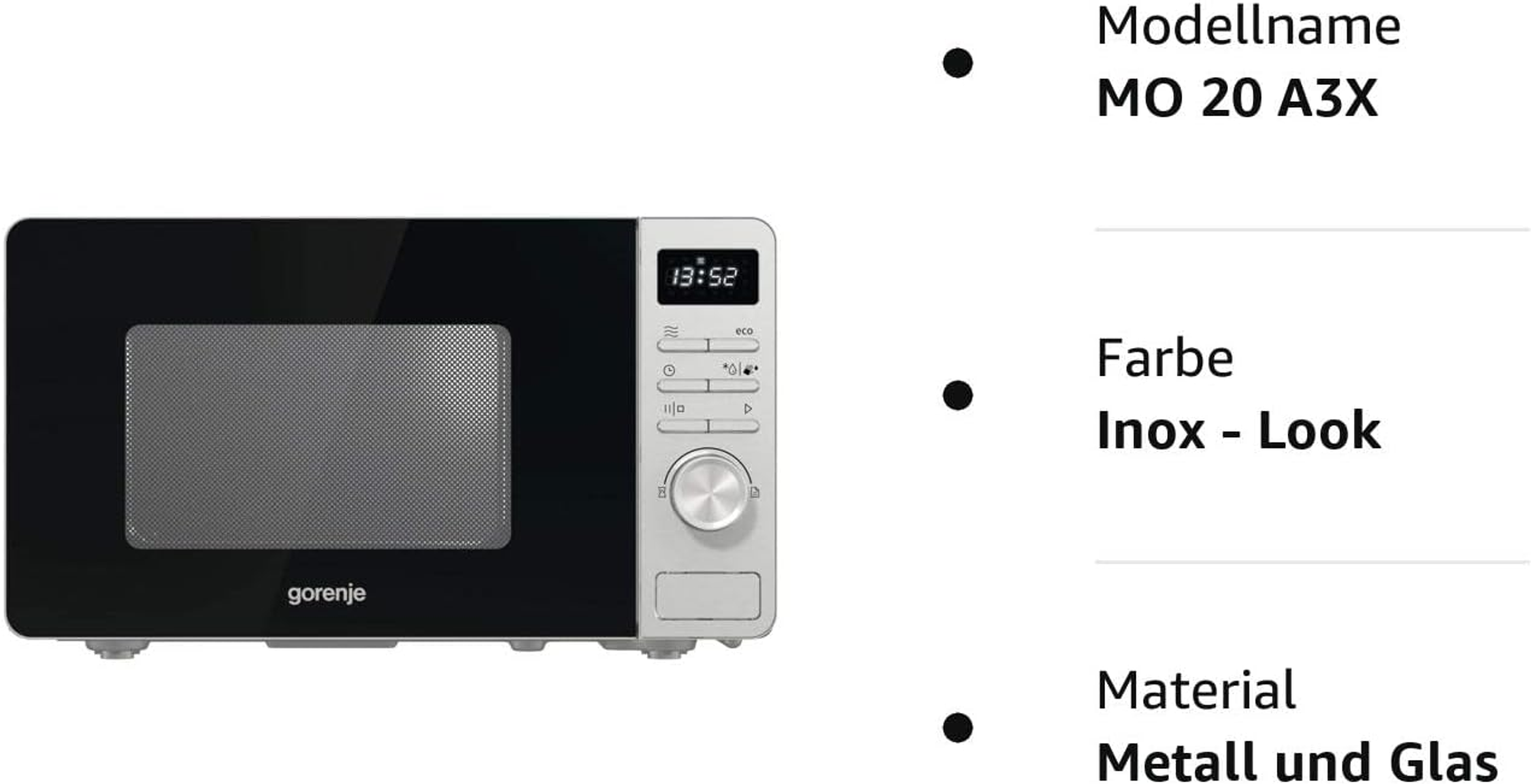 Eine Mikrowelle mit Digitaluhr und Bedientasten. Die Mikrowelle ist schwarz, der Hintergrund ist weiß.