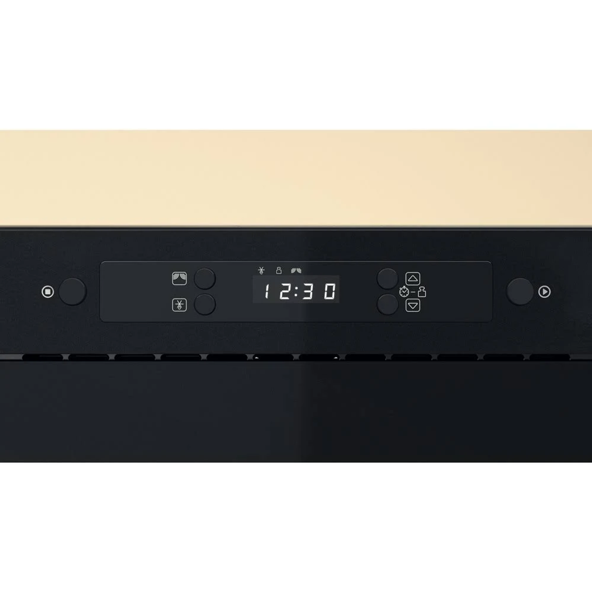 Black control panel of an appliance with a digital clock display. Beige surface above.