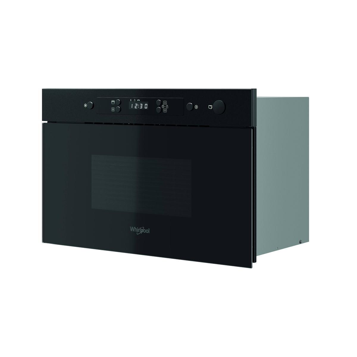 Black built-in microwave oven. Digital display on top. Whirlpool brand name.