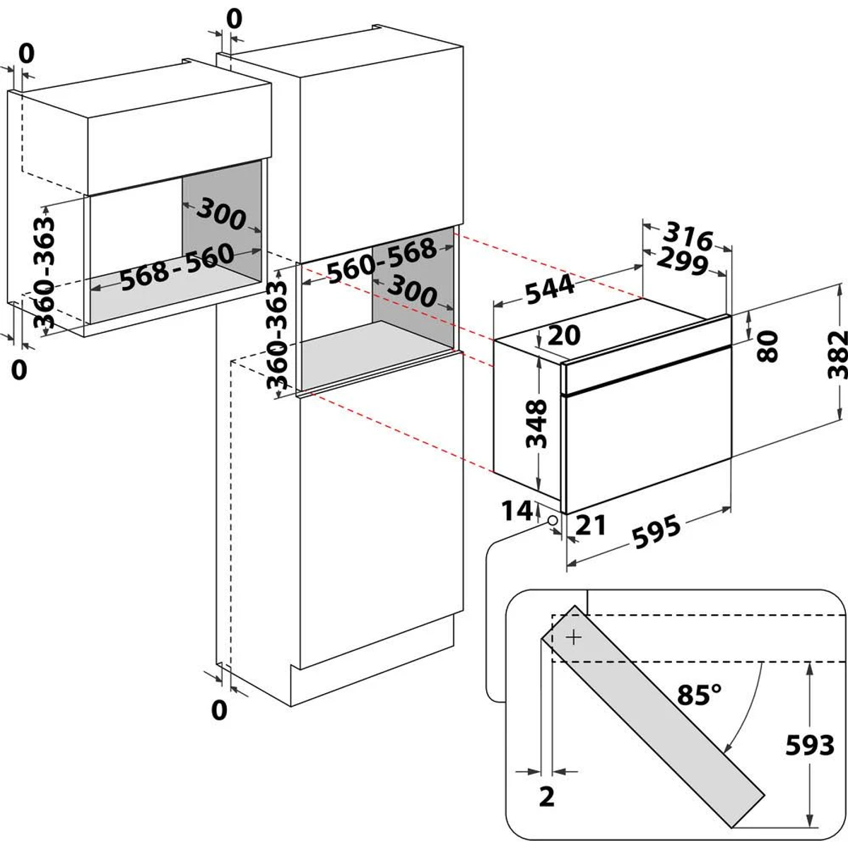 Technical drawing, showing dimensions for a built-in oven. It has measurements and dimension lines.
