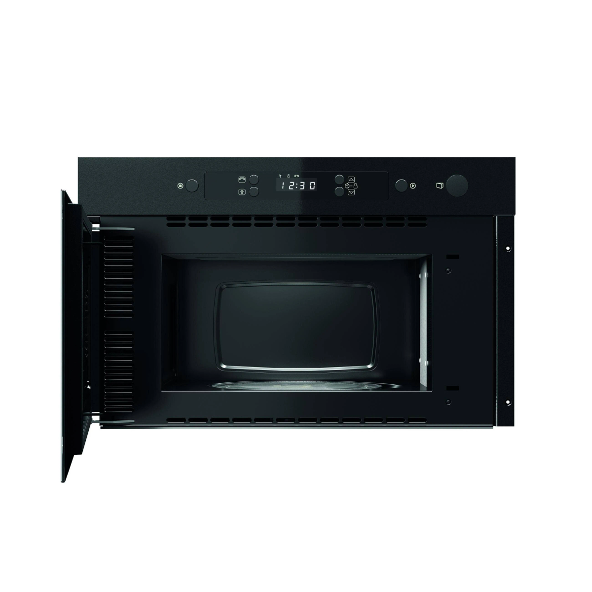 A black microwave with the door open, showing the interior and the control panel.