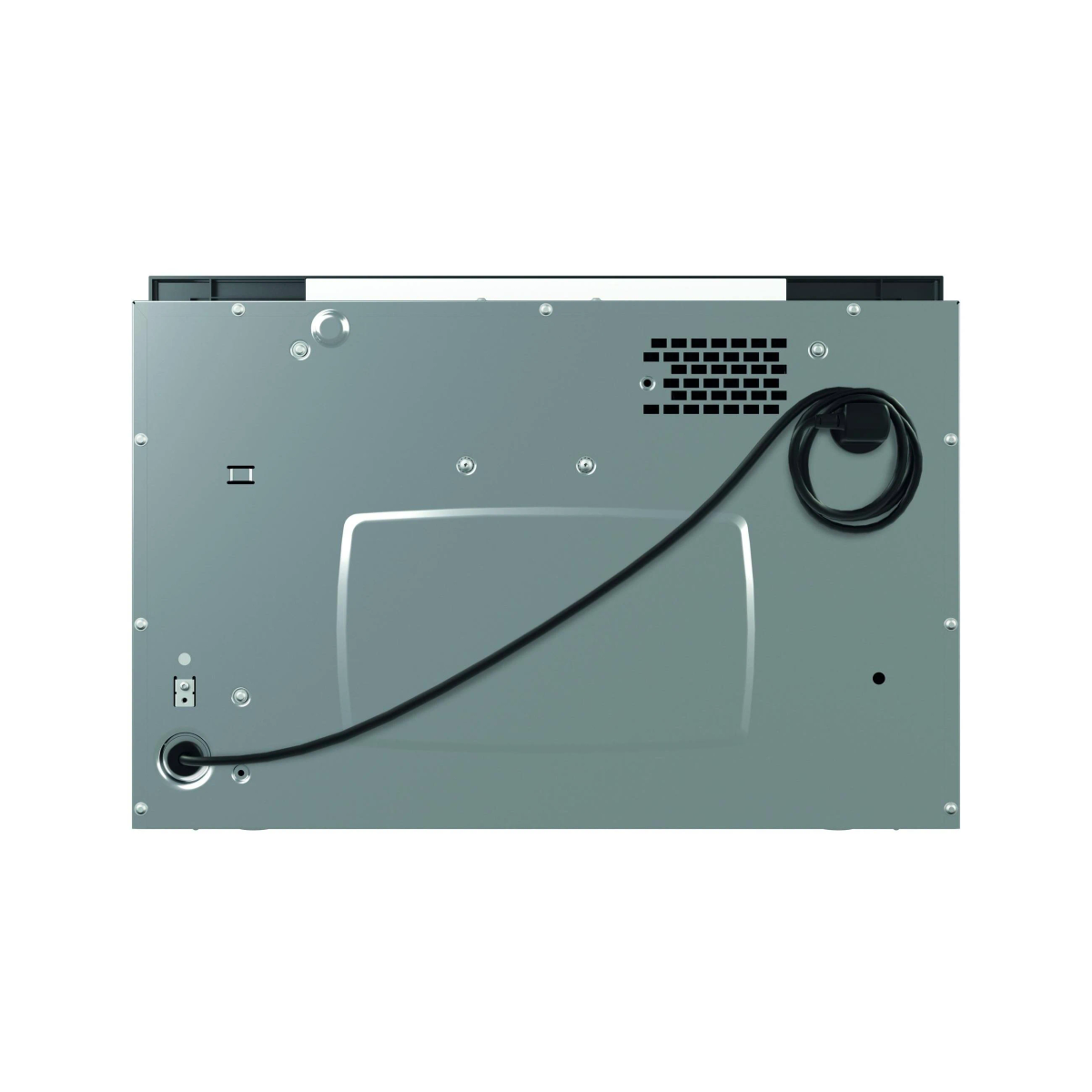 Back view of a microwave oven with a power cable and ventilation holes.