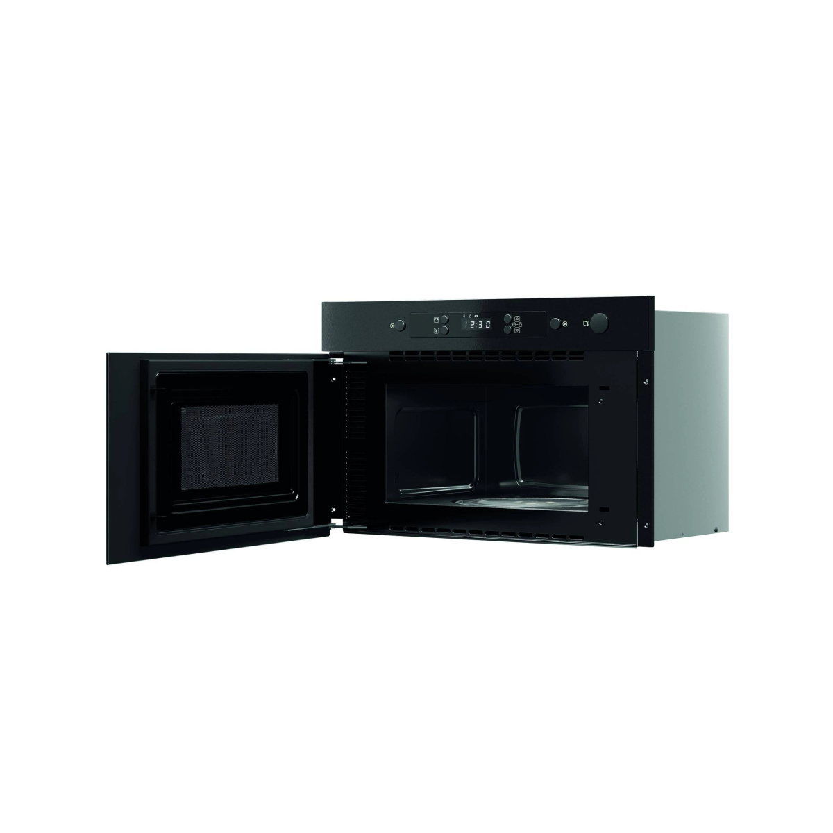 Black built-in microwave with the door open. Interior visible.