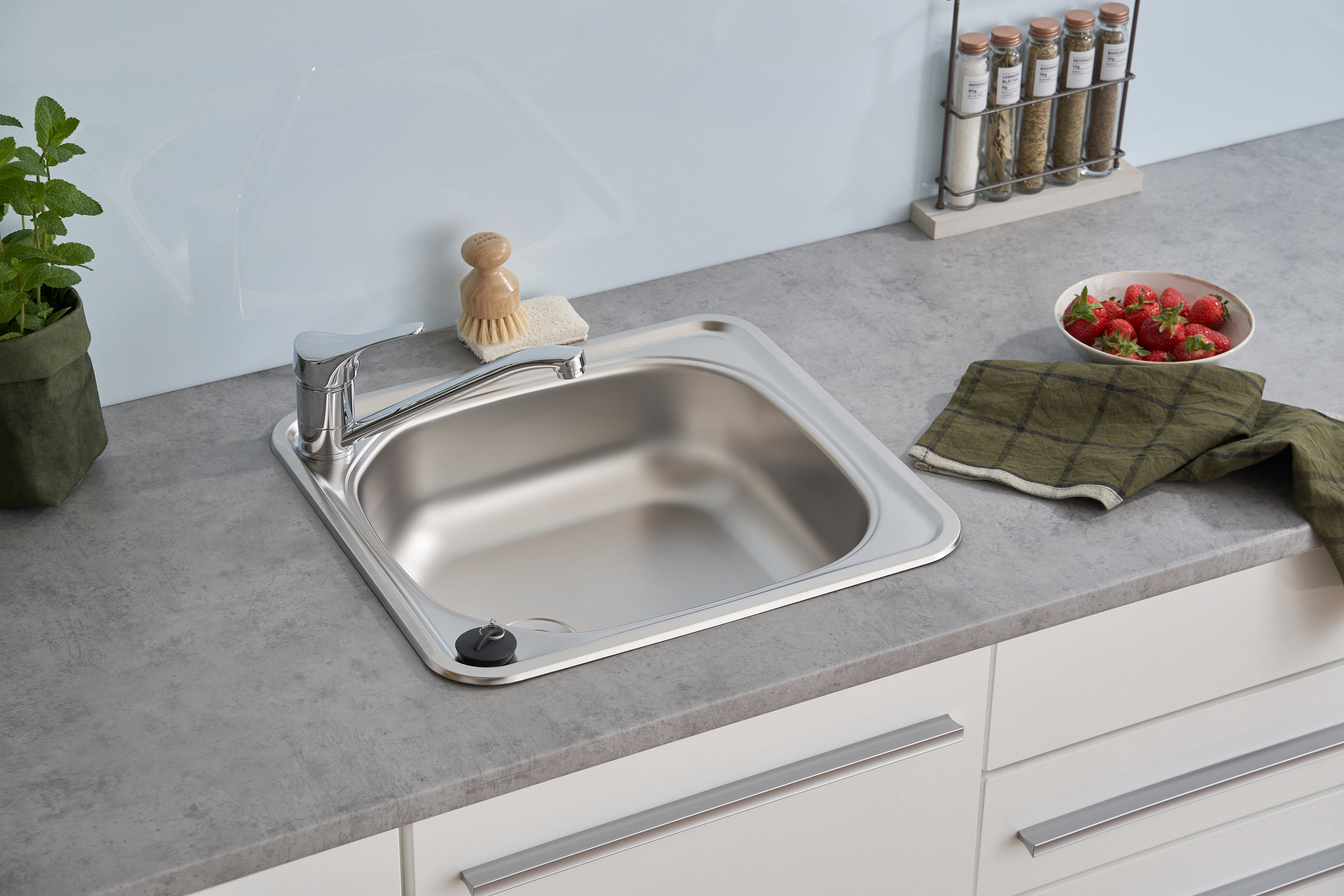 Ein Küchenbecken mit Wasserhahn, einer grünen Pflanze, Gewürzgläsern, Erdbeeren und einem grünen Tuch.
