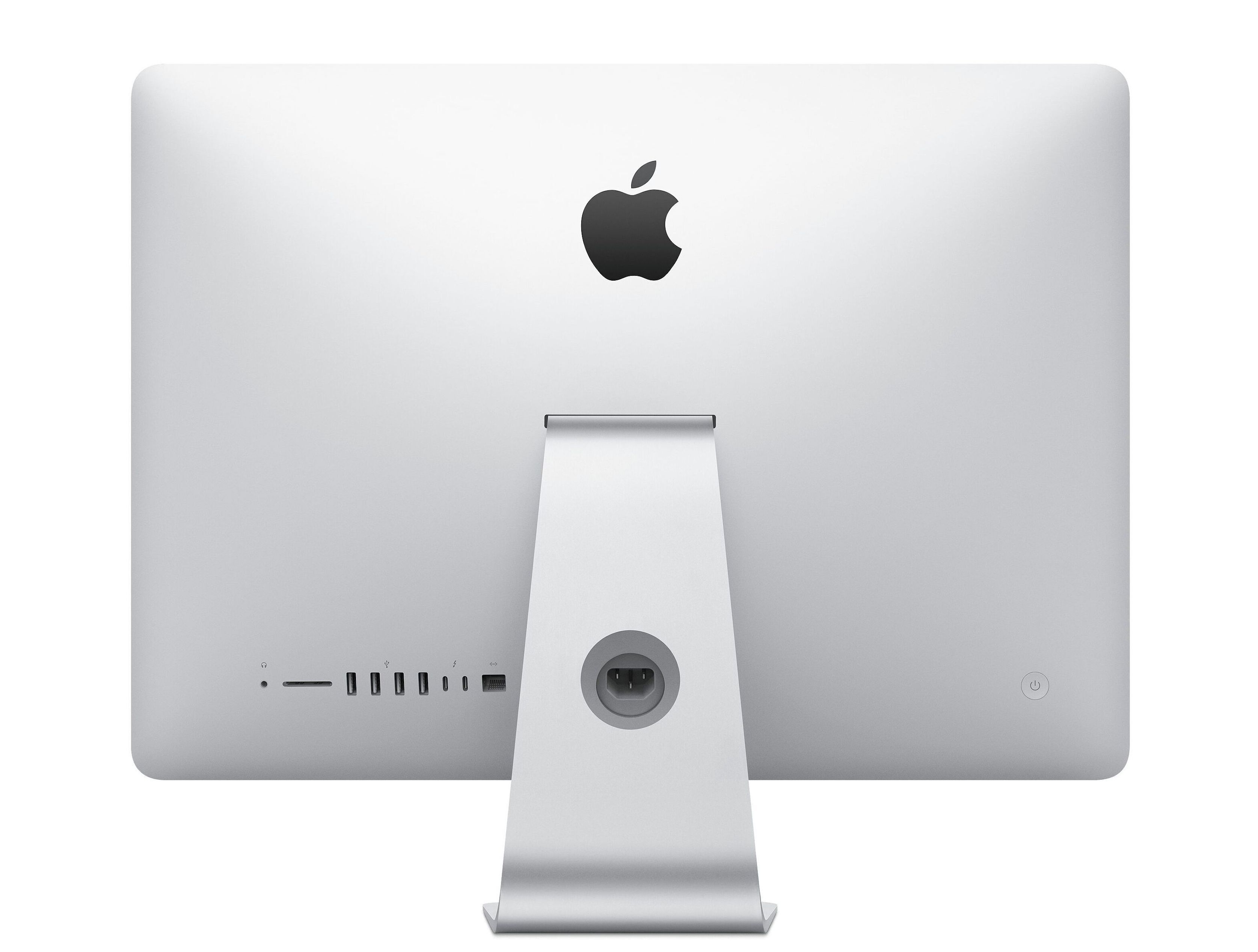 Vista trasera de un monitor de computadora blanco con el logotipo de Apple y puertos, fondo blanco.