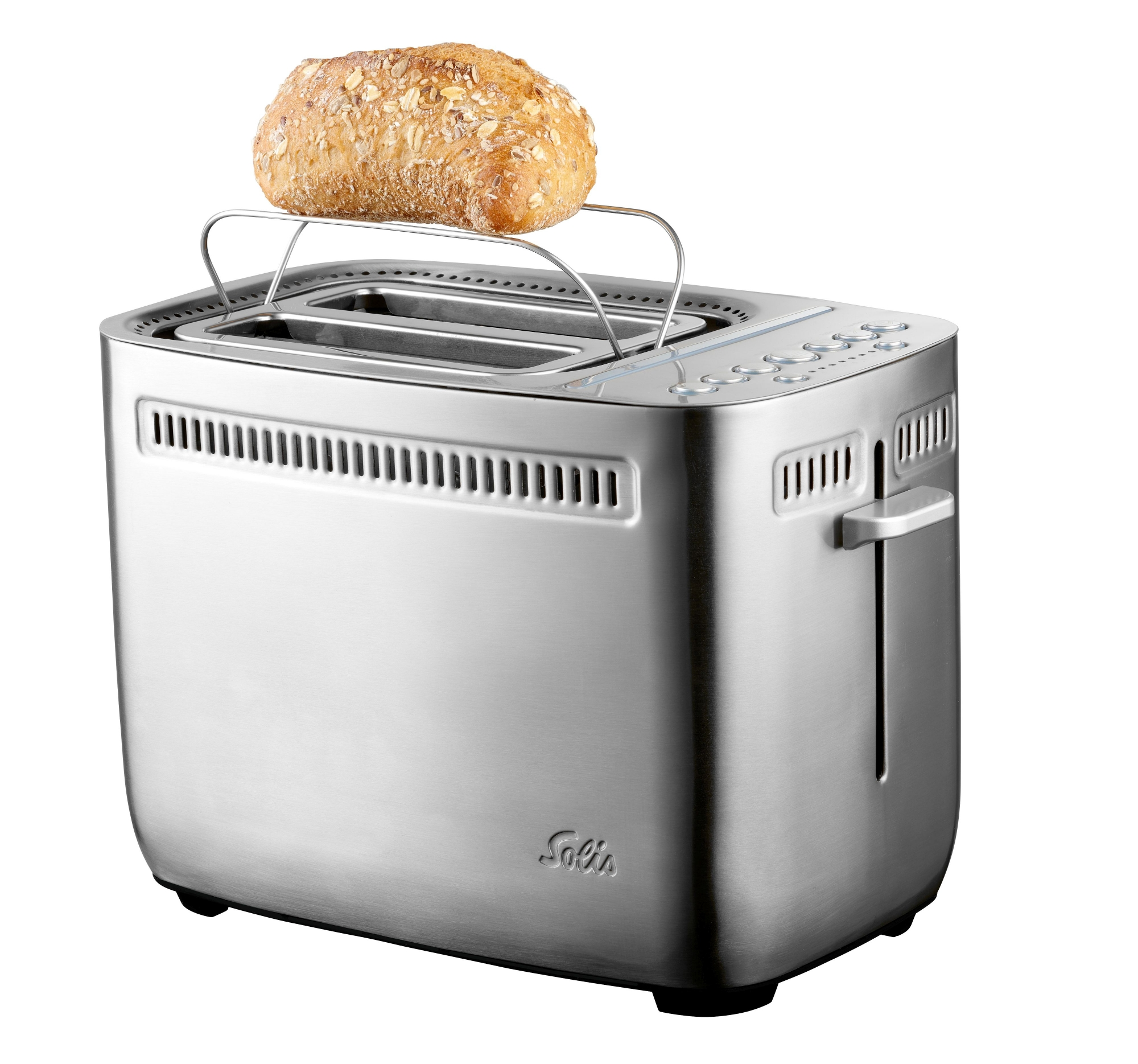 Silberner Toaster mit Brot. Brot befindet sich auf dem oberen Rost.