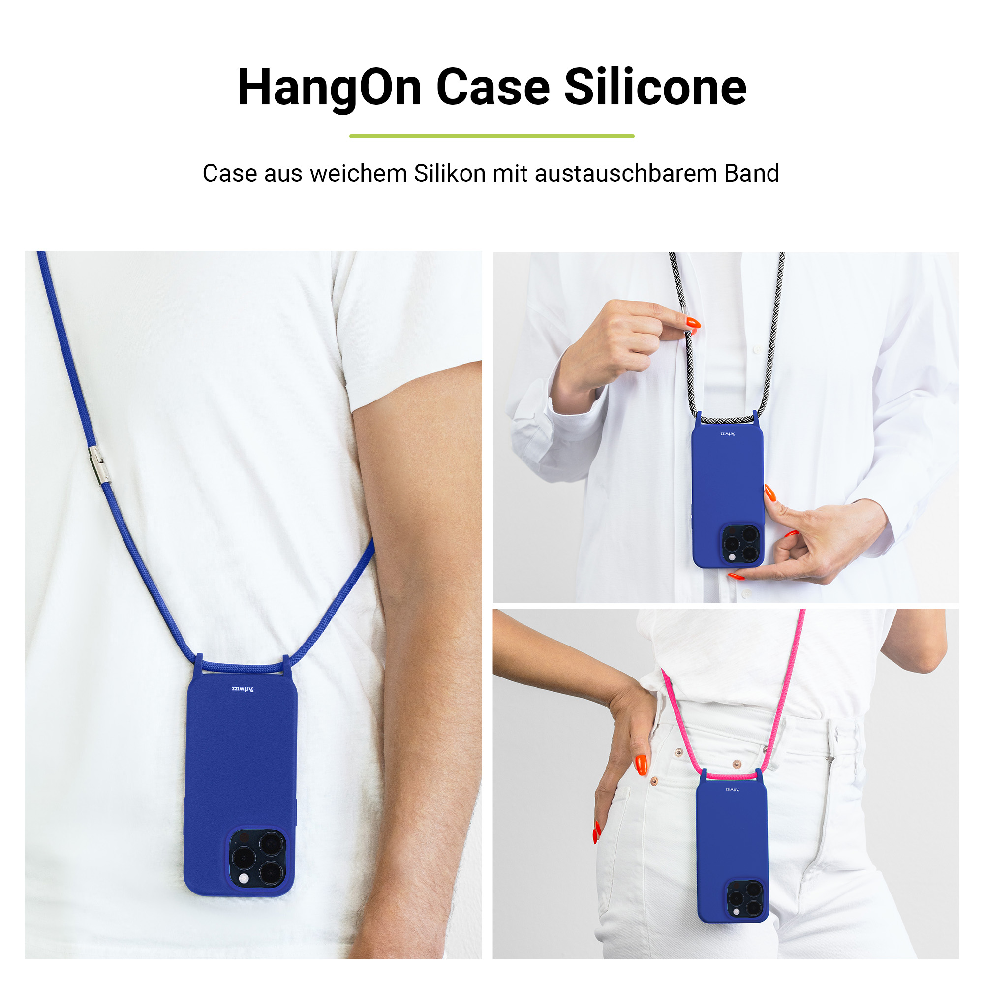 ARTWIZZ HangOn Case Silicone +CHARGE, Apple, iPhone 15 Pro, Blau Umhängetasche