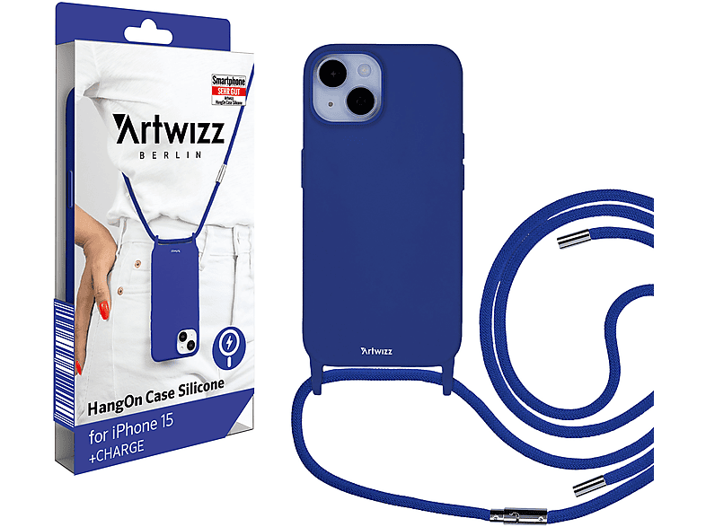 ARTWIZZ HangOn Case Silicone +CHARGE, 15, Apple, Umhängetasche, iPhone Blau