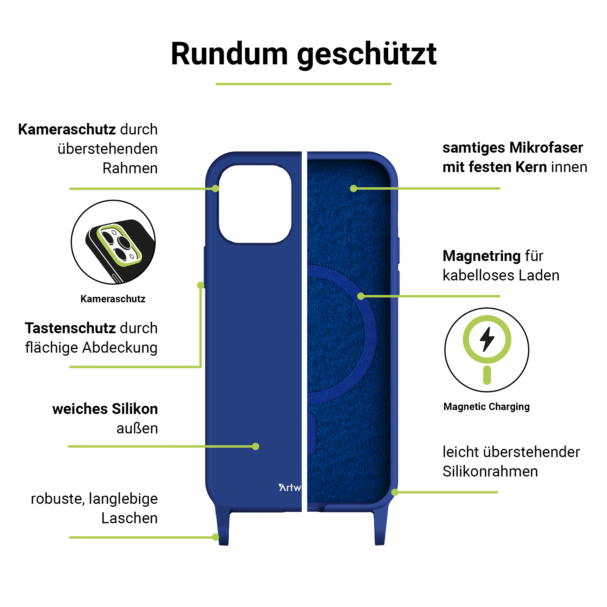 ARTWIZZ Case Umhängetasche, +CHARGE, Silicone Apple, 15, HangOn Blau iPhone