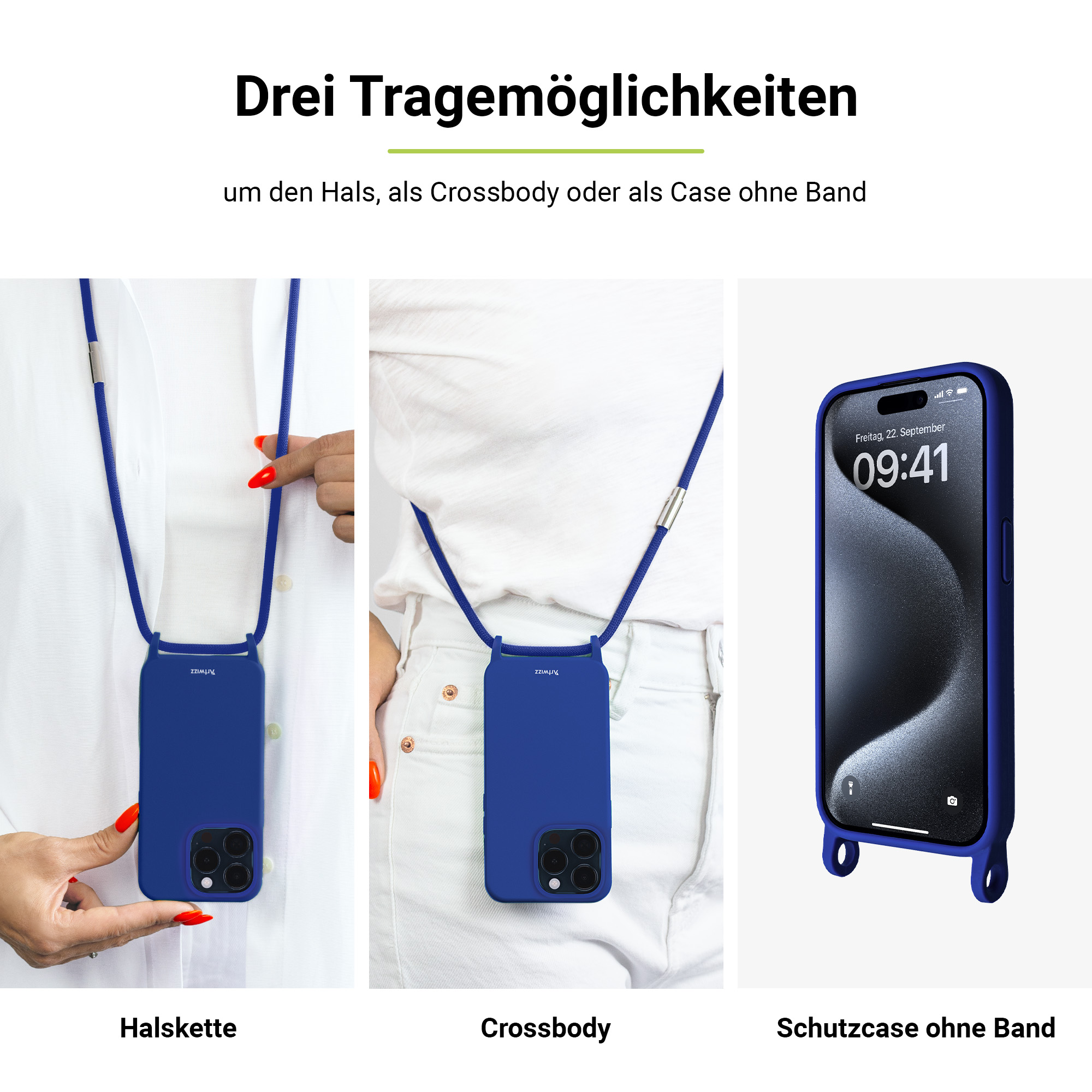 +CHARGE, HangOn Case Pro iPhone 15 Umhängetasche, ARTWIZZ Blau Apple, Max, Silicone