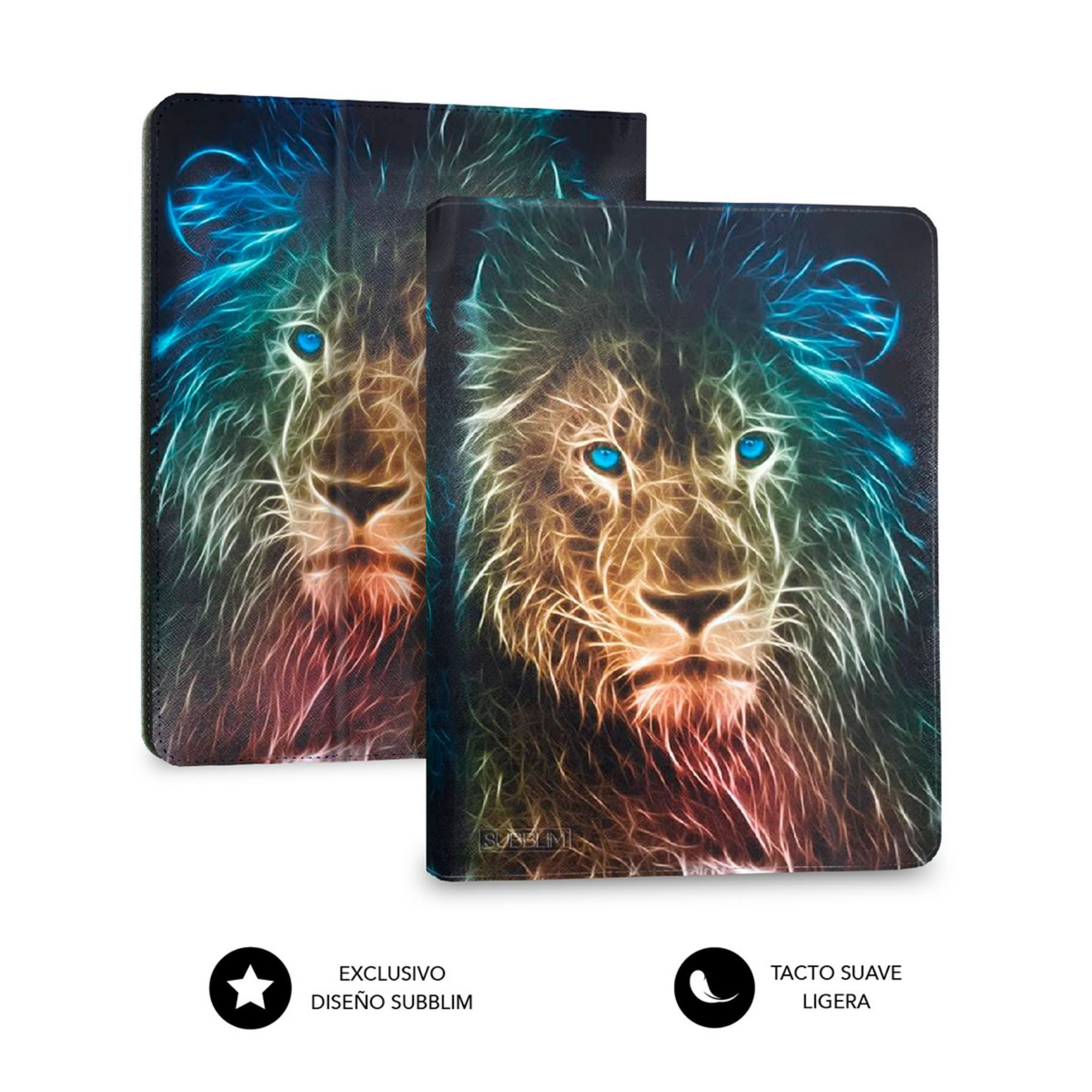 Dos fundas para tabletas con diseño de león, una ligeramente inclinada, mostrando un gráfico vibrante.