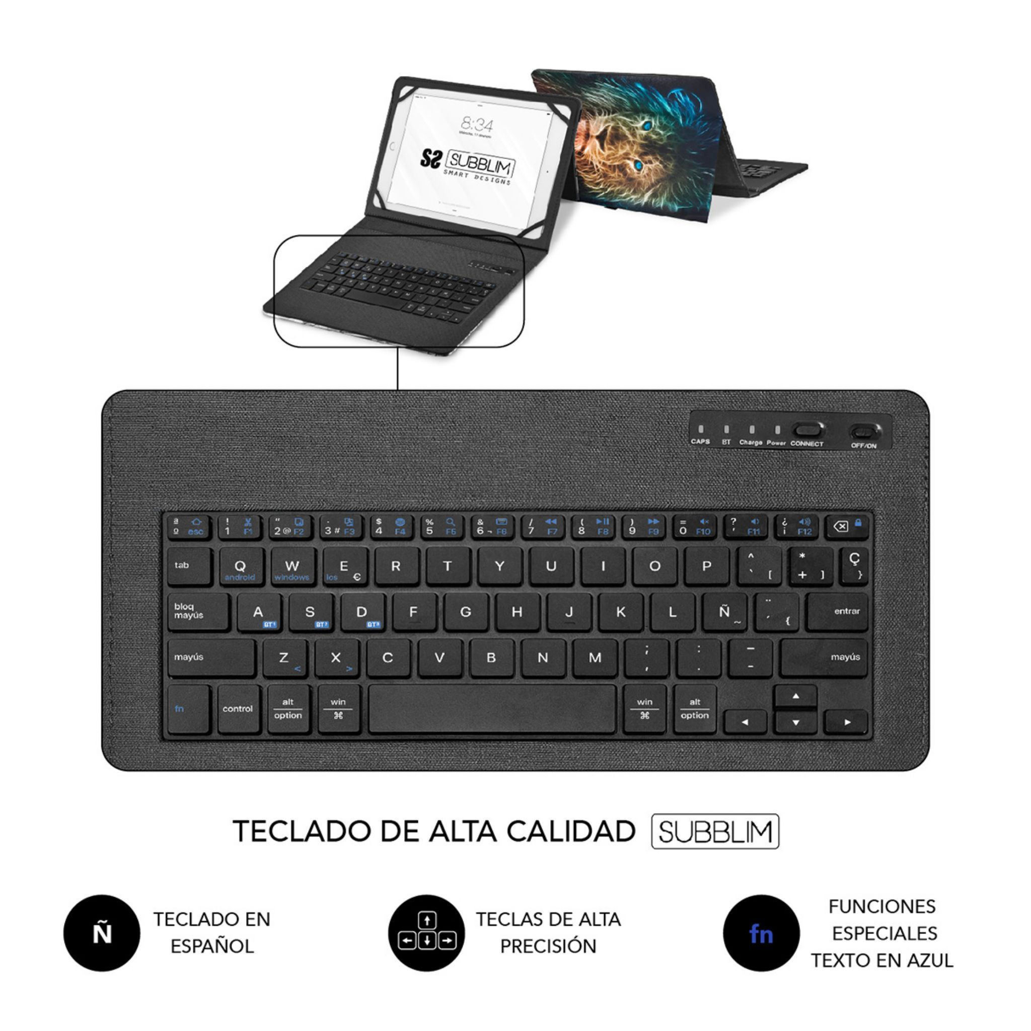 Teclado negro con diseño español, con una tableta y funda encima.