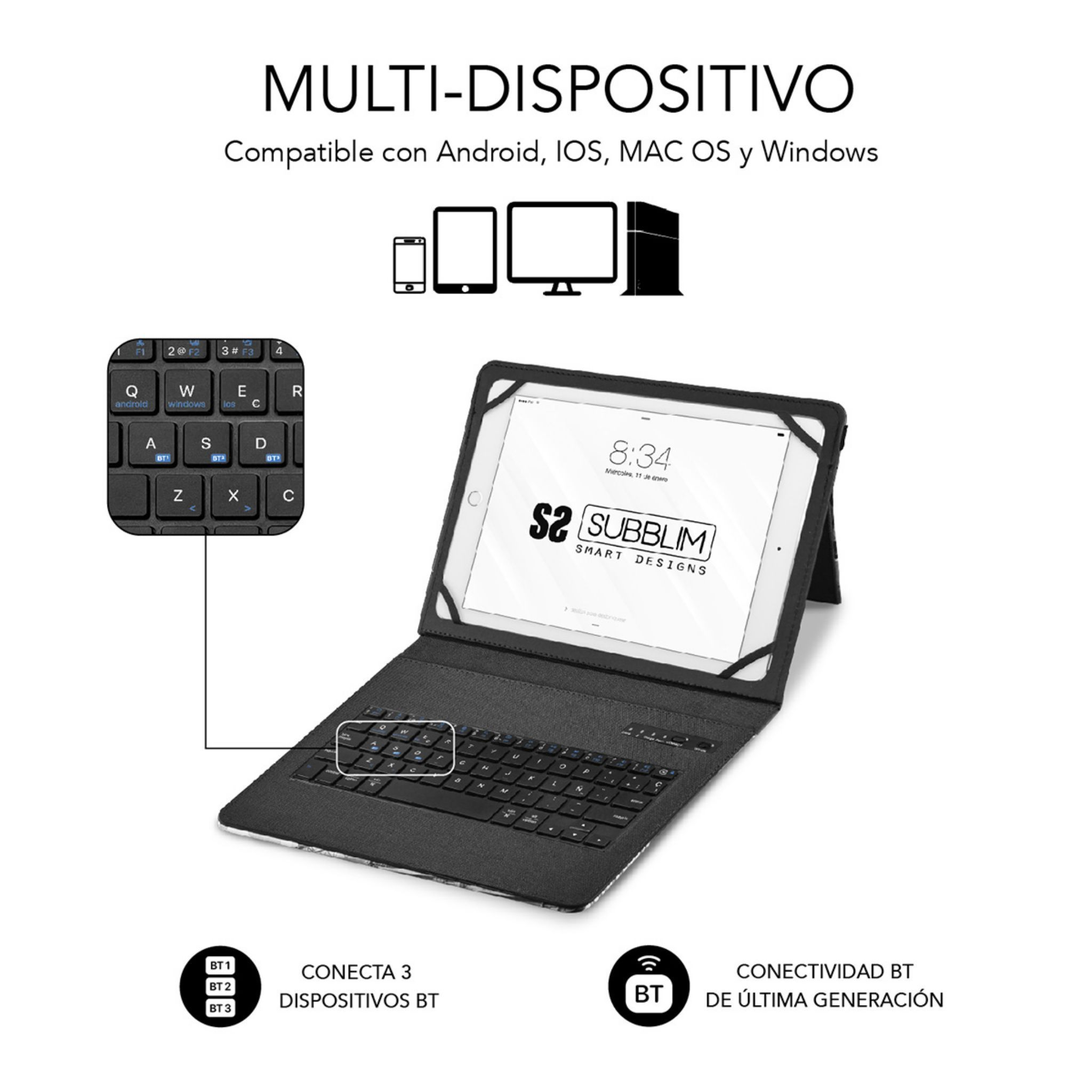Tableta con funda de teclado. Texto: multi-dispositivo, compatible con varios SO. Iconos de conectividad.