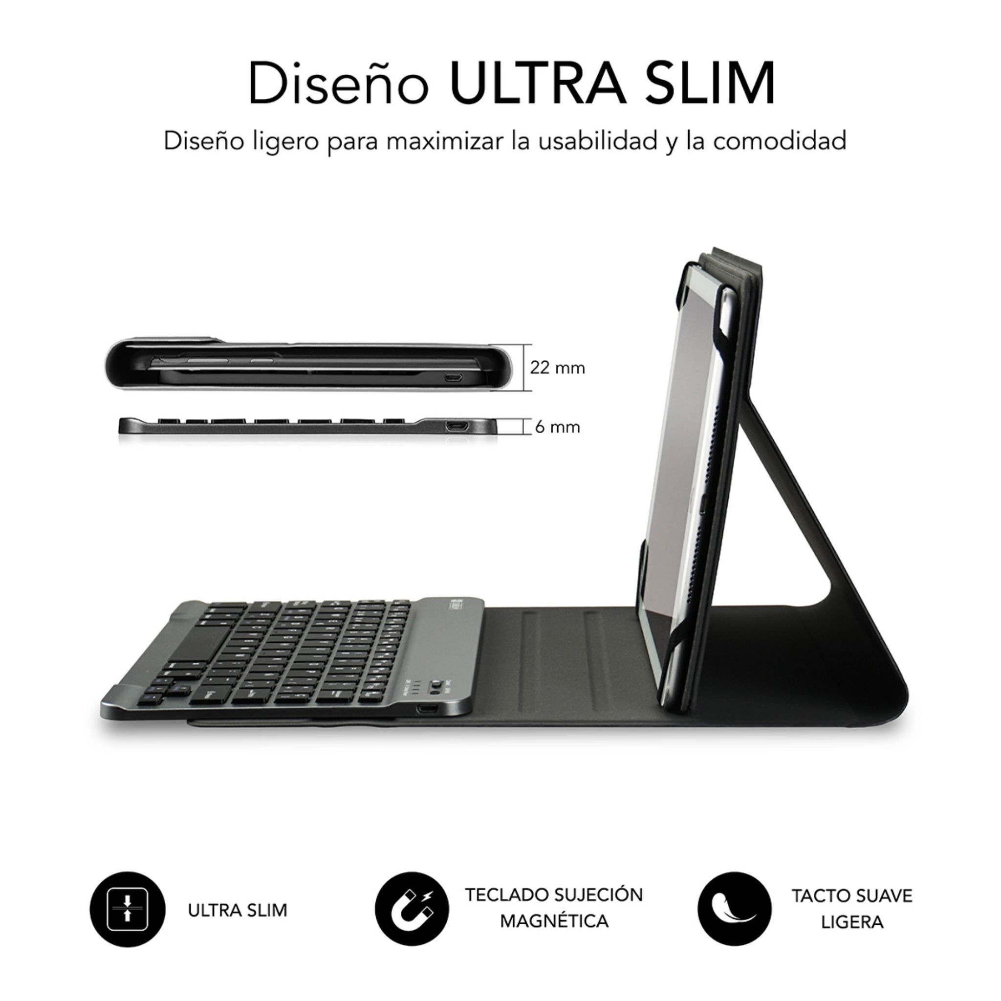Tablet con custodia tastiera. Design ultrasottile, chiusura magnetica e soft touch.