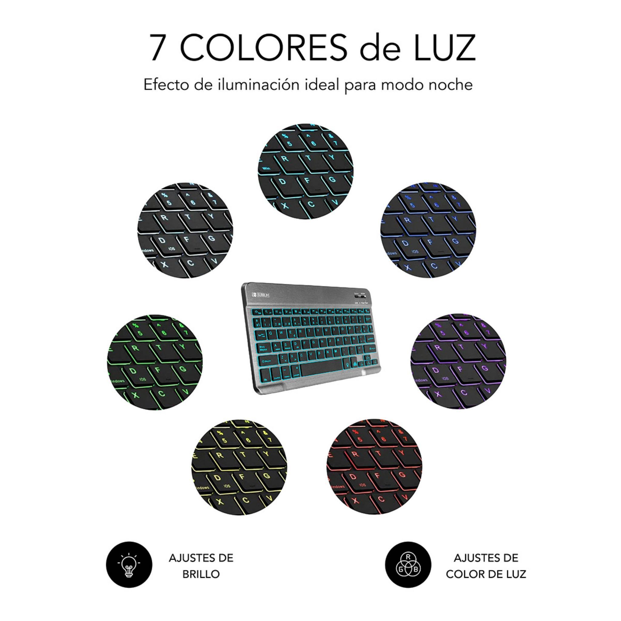 Teclado con luces multicolores, varias opciones de color mostradas.
