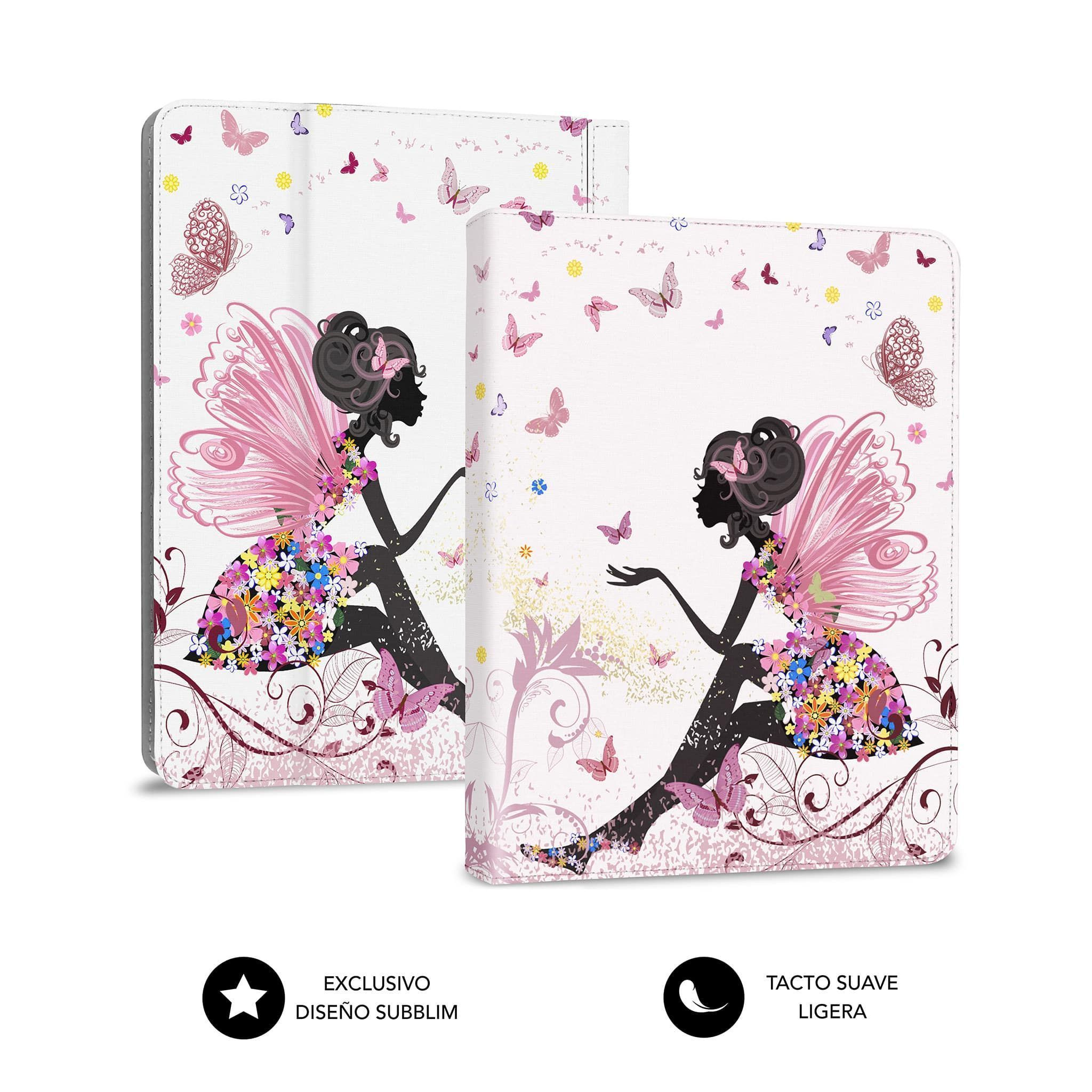 Dos fundas para tablet con diseño de hadas. Hada rosa y mariposas sobre fondo blanco.