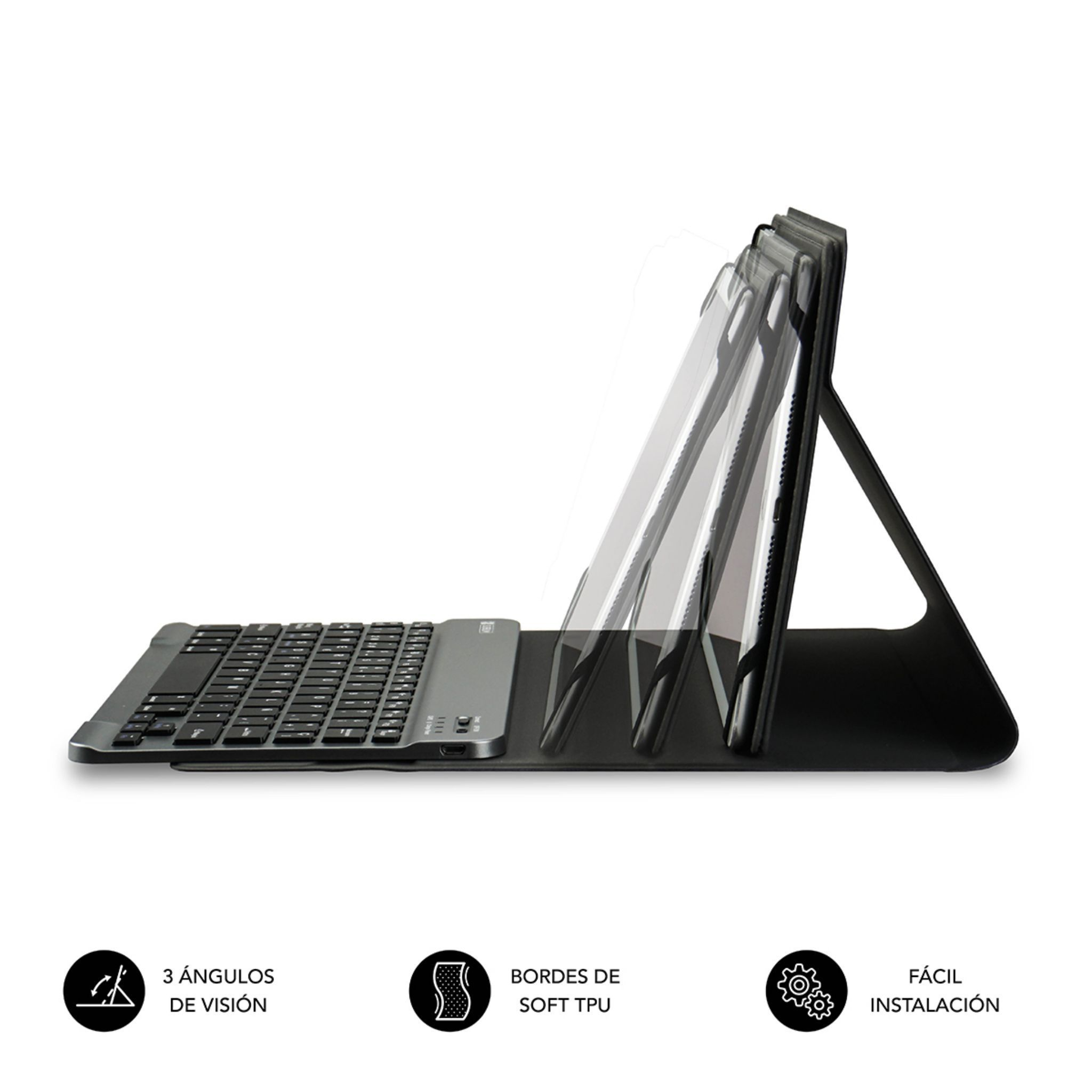 Custodia per tablet con tastiera; 3 angoli di visione, bordi in TPU morbido, facile installazione.