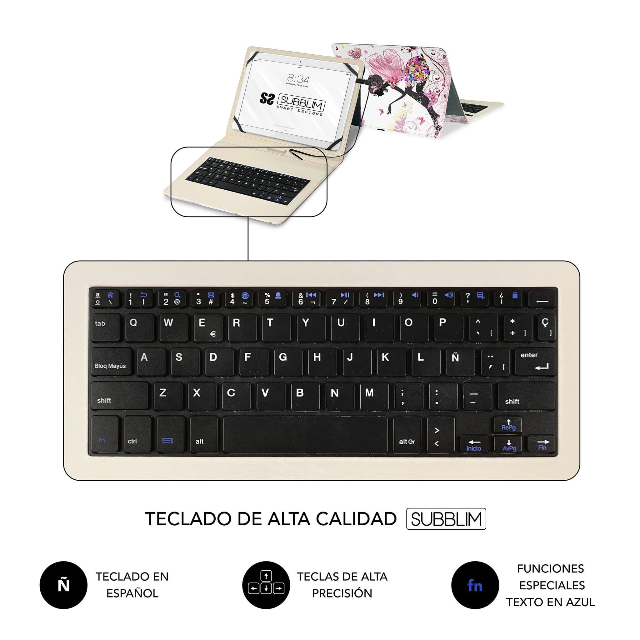 Una mesa ligera con teclado y una tableta.