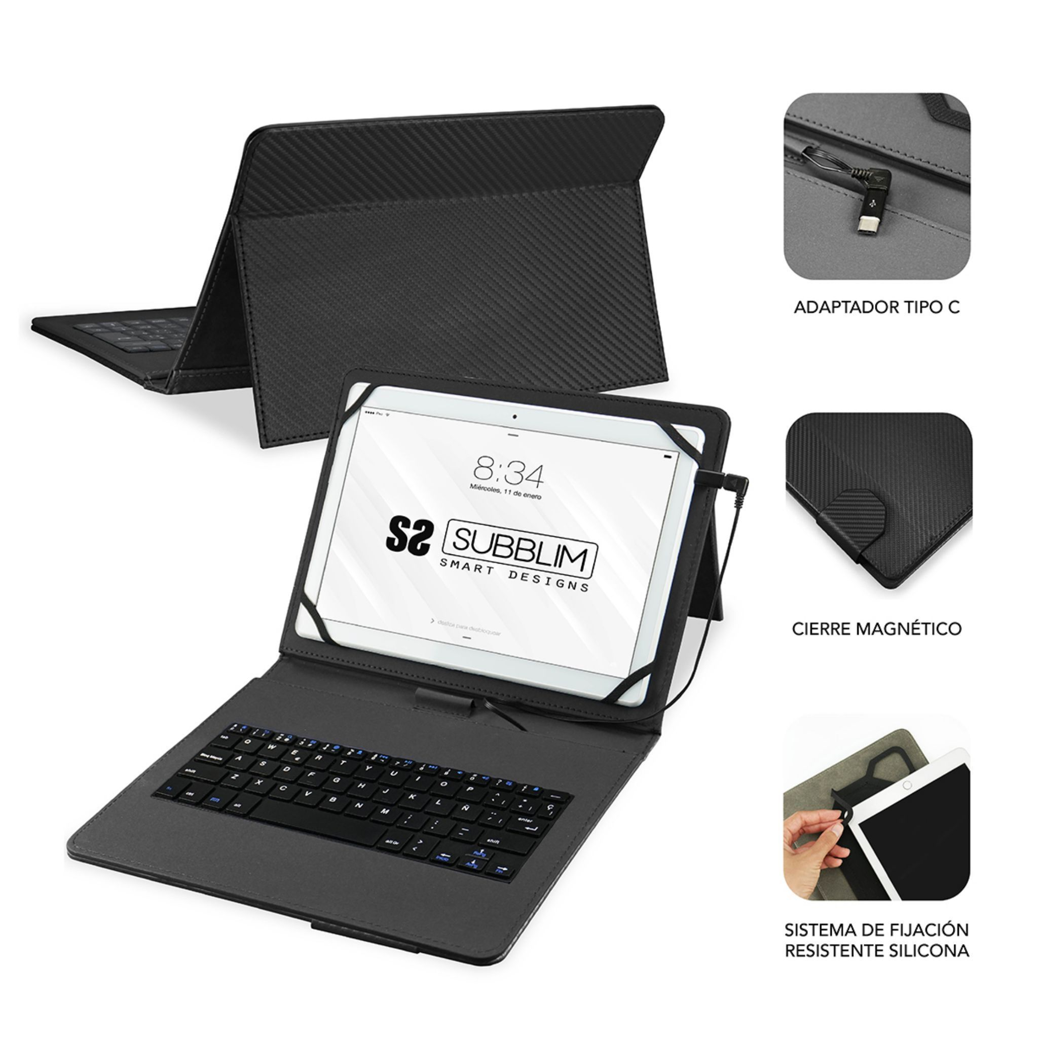 Funda negra para tableta con teclado y funciones adicionales. Incluye cargador y soporte de silicona.