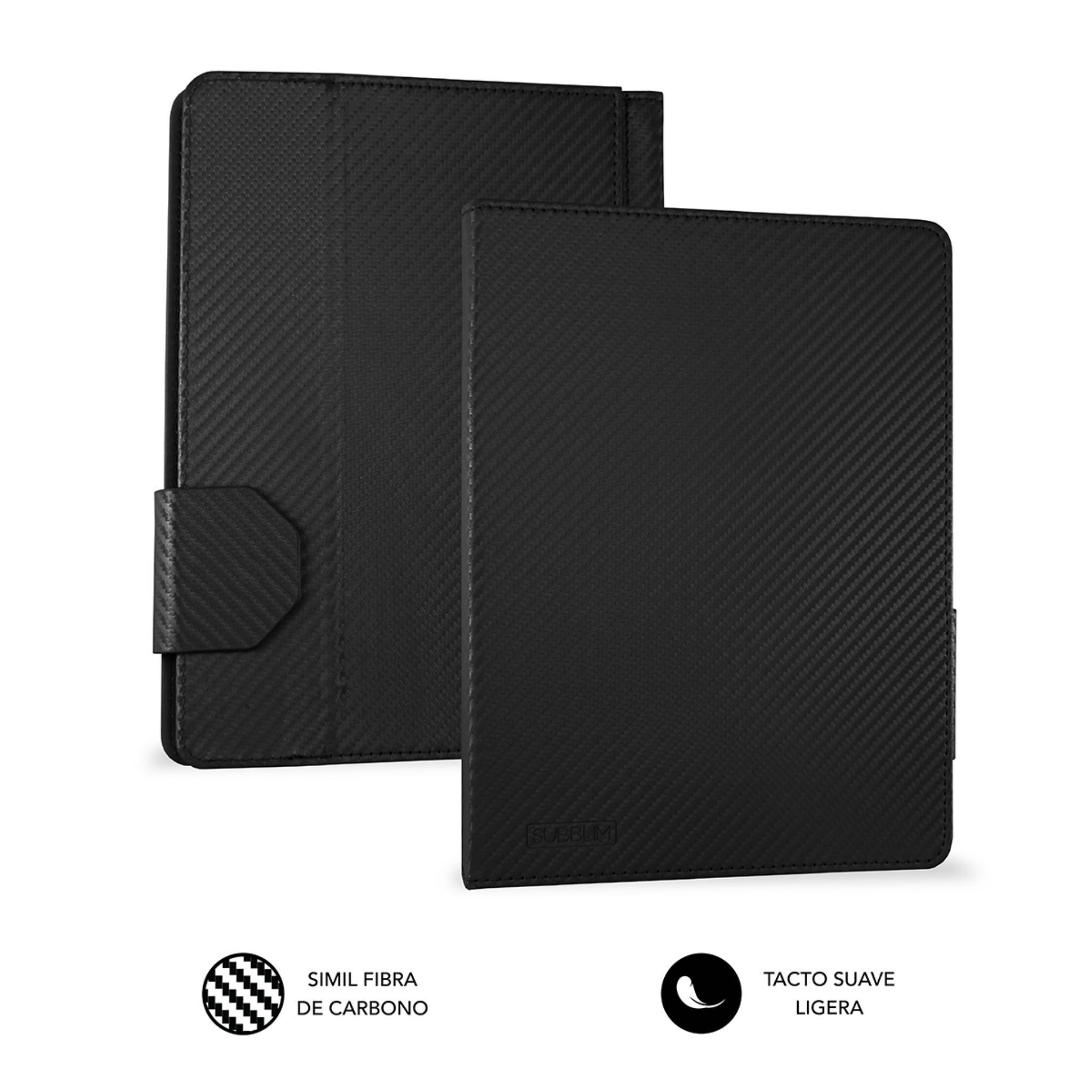Funda negra para tableta con textura de fibra de carbono, abierta y cerrada. Cierre magnético.