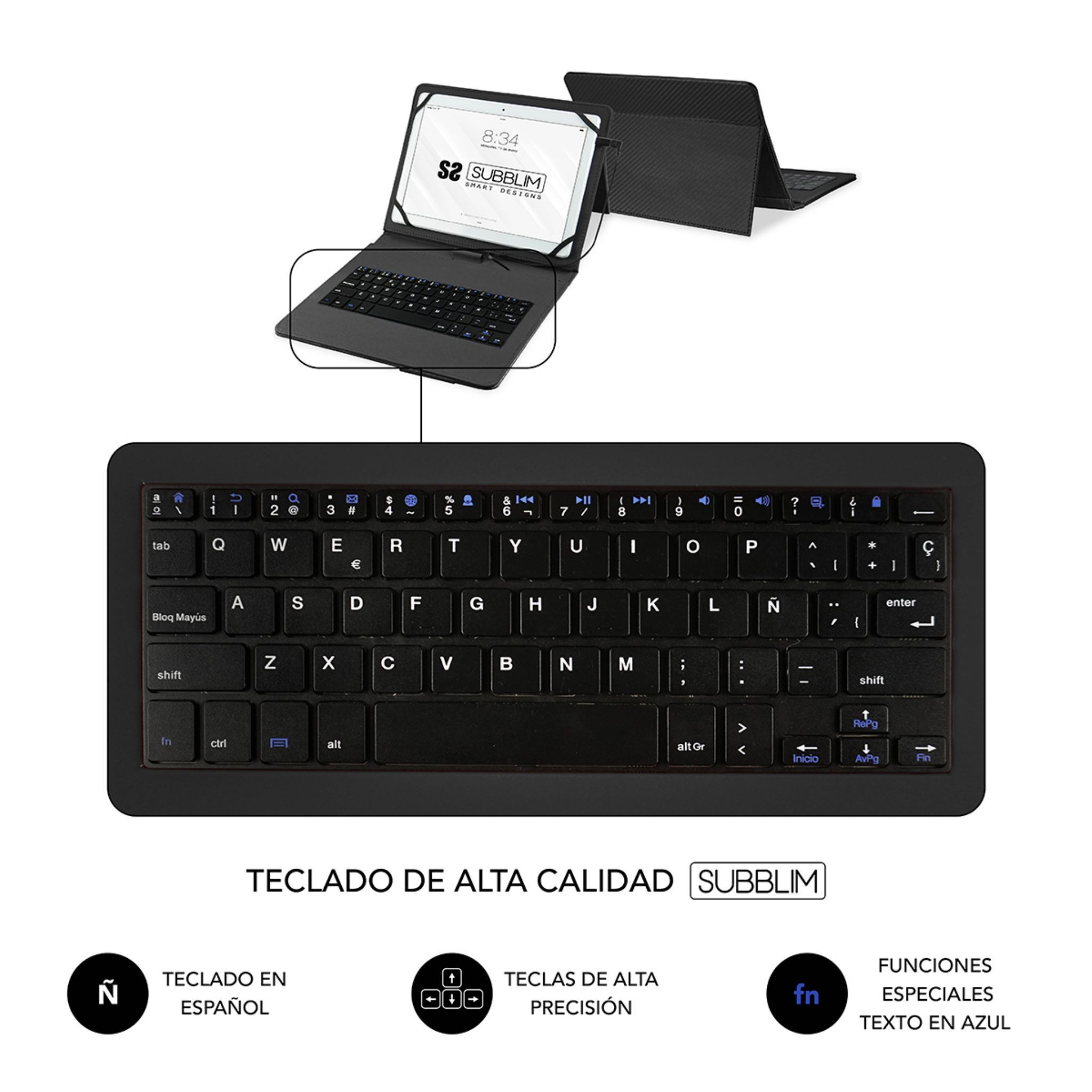 Teclado de tableta negro con texto. Incluye texto en español e iconos.